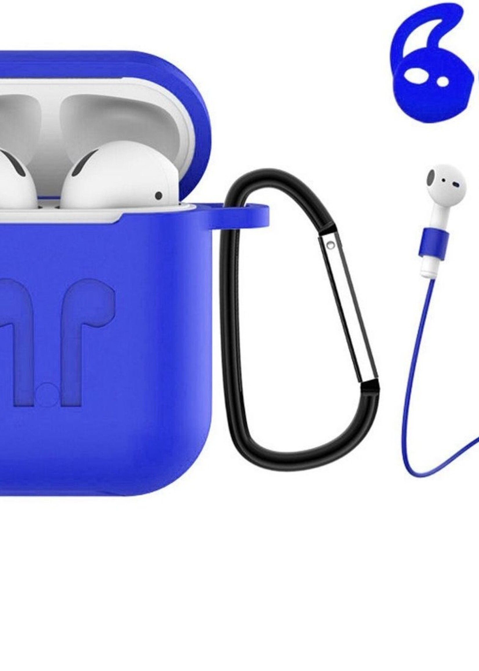 BTH Case Geschikt voor AirPods 1 Hoesje Hoes Siliconen 3-in-1 Met Clip Cover - Hoesje Geschikt voor Apple Airpods 1 Siliconen 3-in-1 Met Clip - Blauw