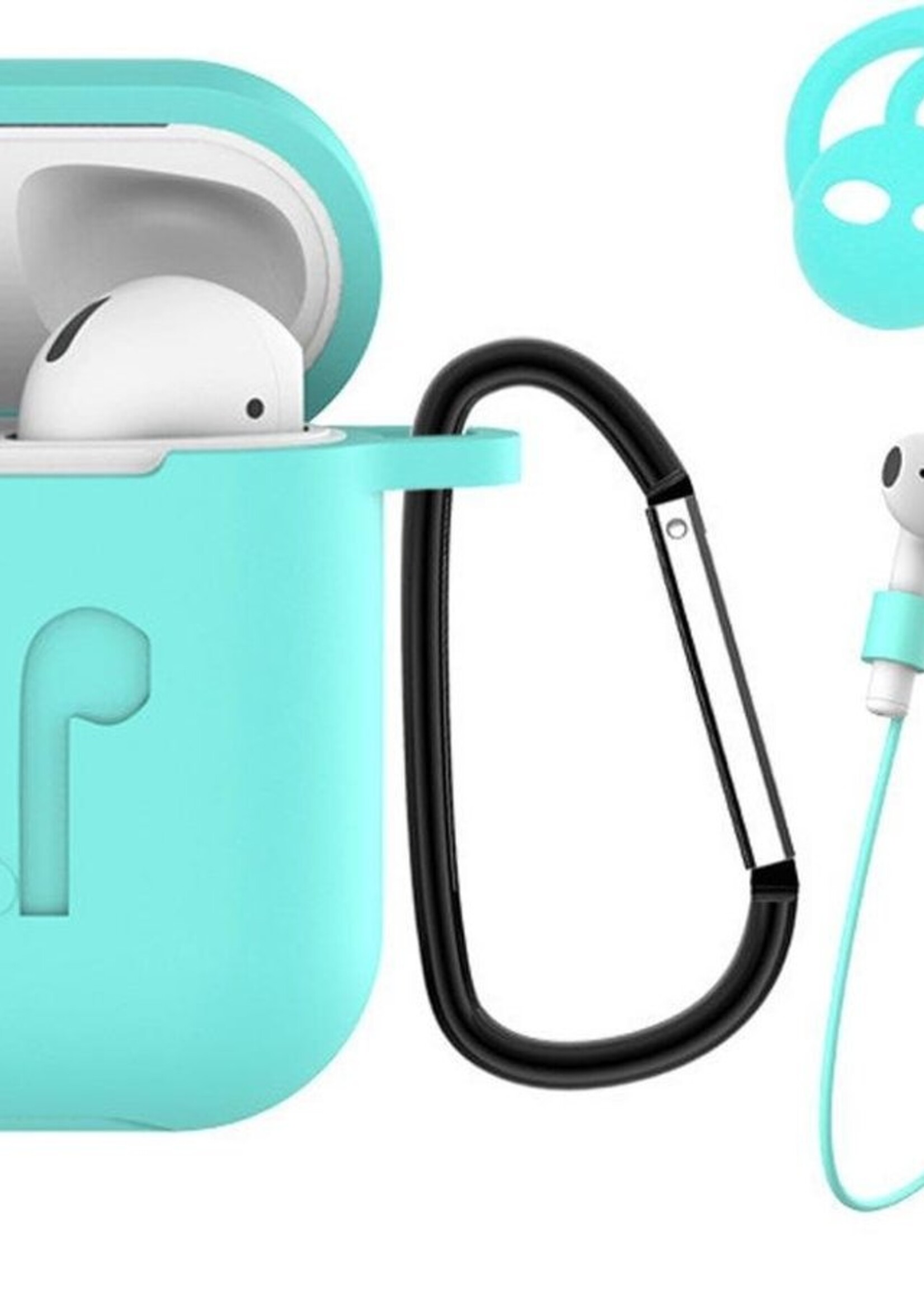 BTH Case Geschikt voor AirPods 2 Hoesje Hoes Siliconen 3-in-1 Met Clip Cover - Hoesje Geschikt voor Apple Airpods 2 Siliconen 3-in-1 Met Clip - Turquoise