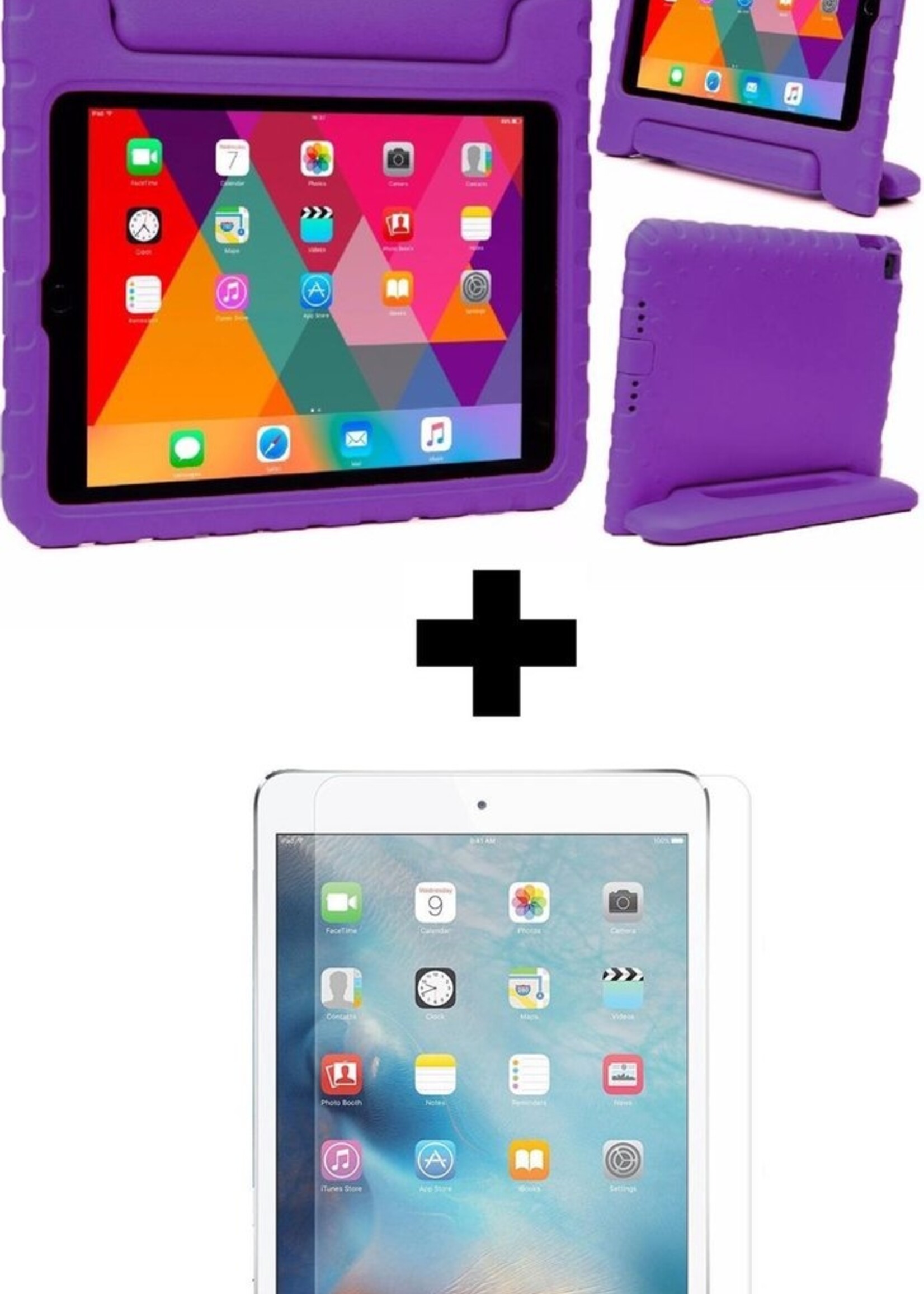 BTH Kinderhoes Geschikt voor iPad Air 1 Hoes Kinder Hoesje Kids Case Cover Kidsproof Met Screenprotector - Hoesje Geschikt voor iPad 6 Hoesje Kinder Hoes - Paars