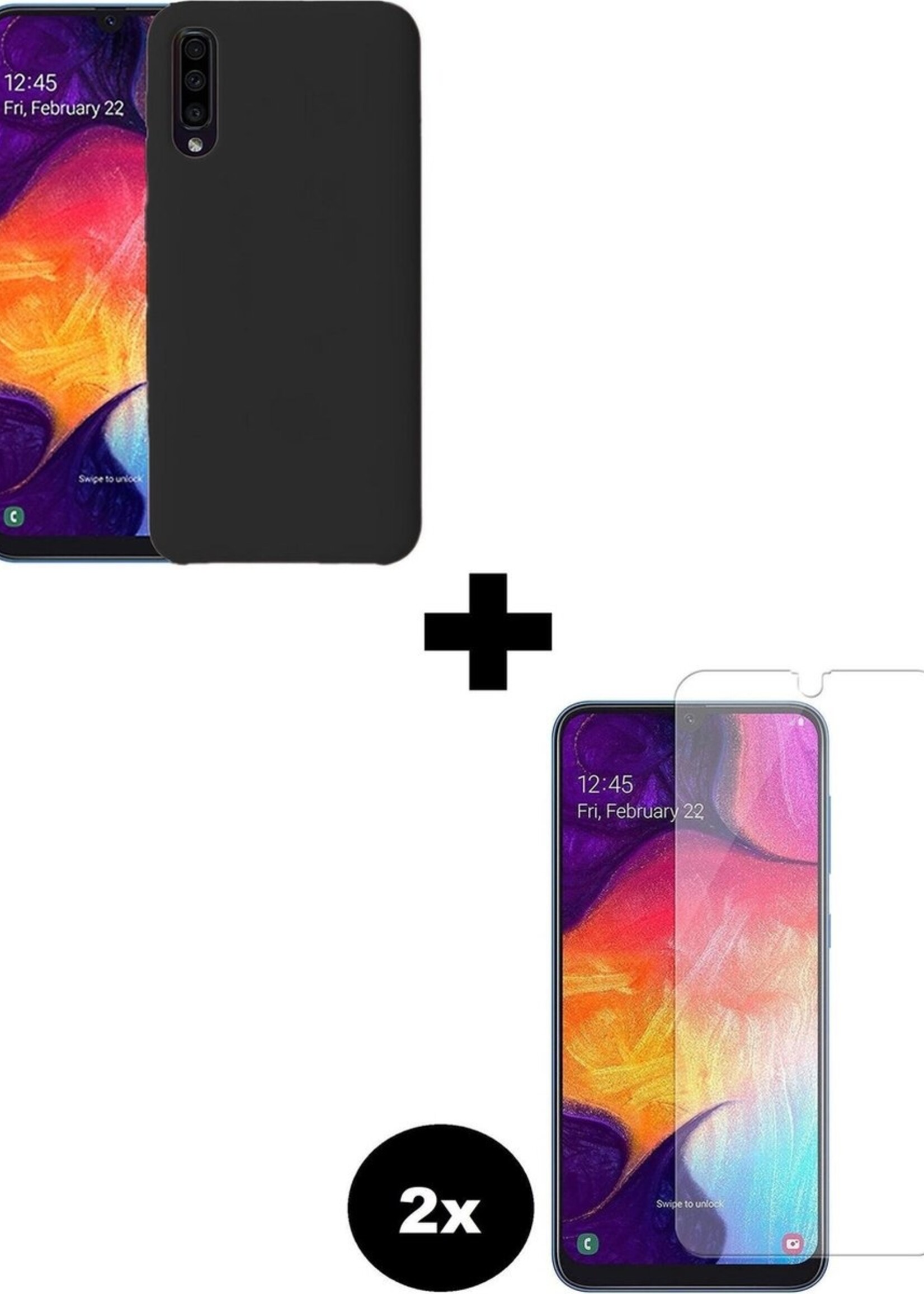 BTH Hoesje Geschikt voor Samsung Galaxy A50 Hoesje Siliconen Case Hoes Met 2x Screenprotector - Hoes Geschikt voor Samsung A50 Hoes Cover Case - Zwart