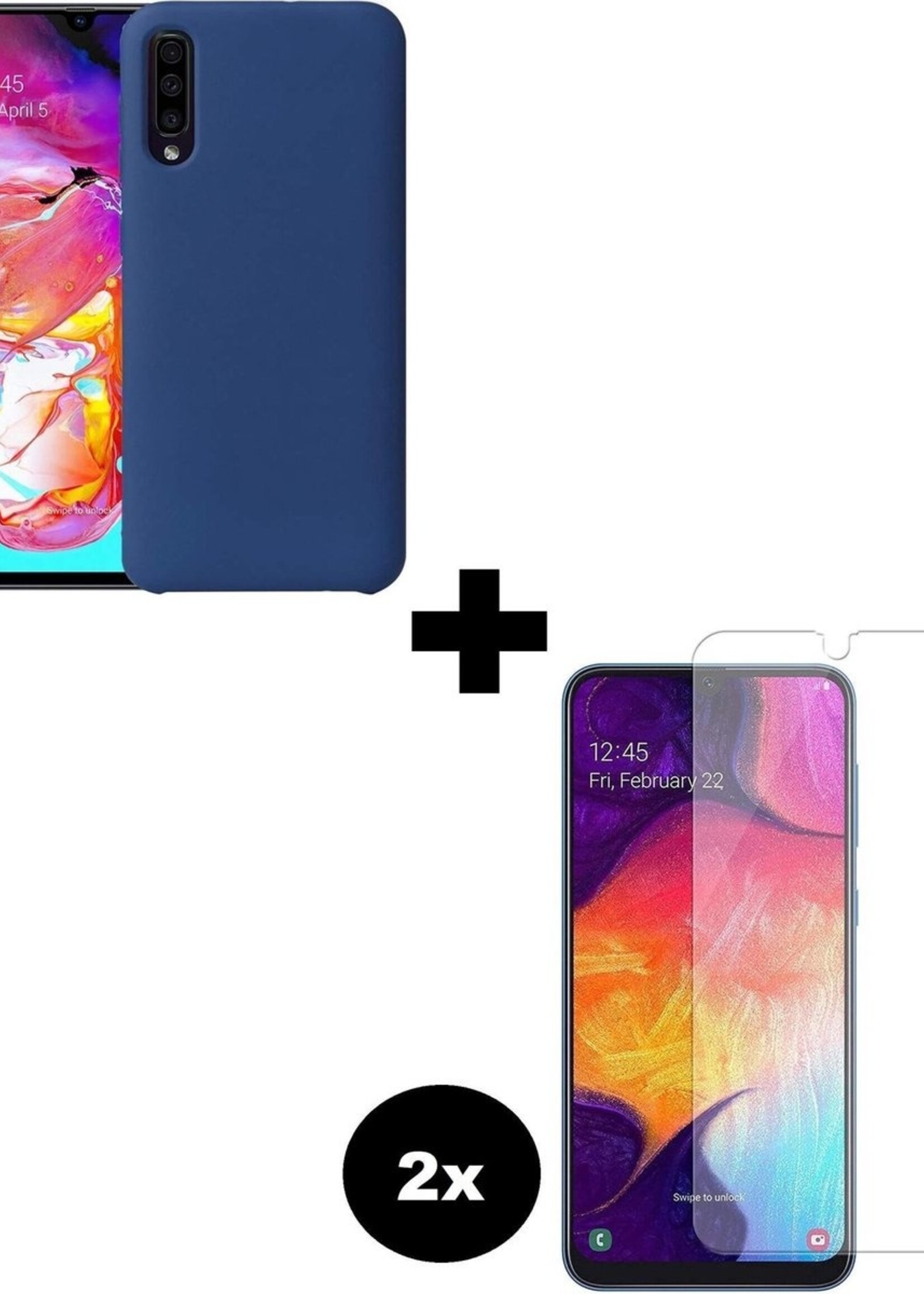 BTH Hoesje Geschikt voor Samsung Galaxy A50 Hoesje Siliconen Case Hoes Met 2x Screenprotector - Hoes Geschikt voor Samsung A50 Hoes Cover Case - Donkerblauw