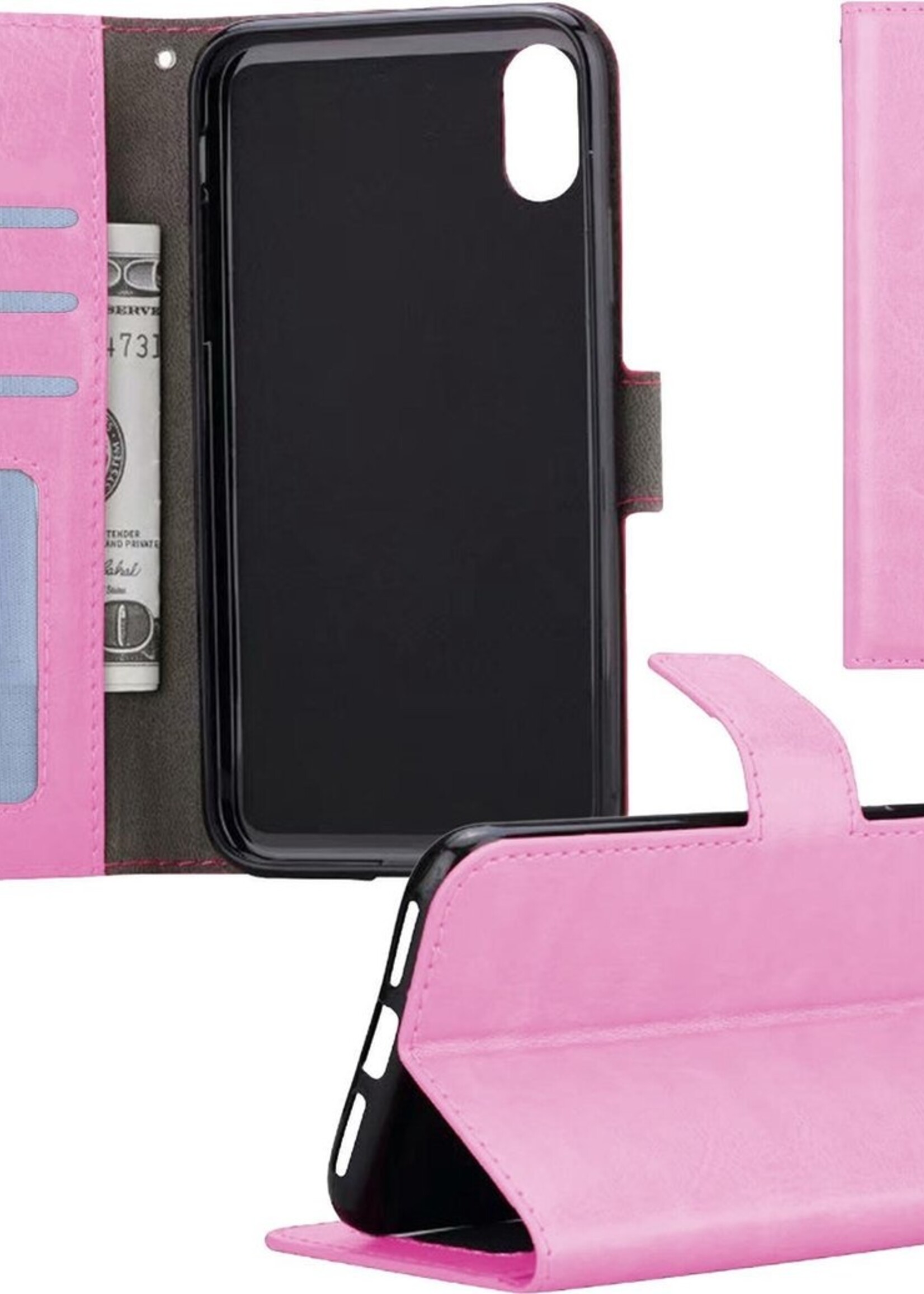 BTH Hoesje Geschikt voor iPhone X/Xs Hoesje Book Case Hoes Portemonnee Cover Walletcase - Hoes Geschikt voor iPhone X/Xs Hoes Bookcase Hoesje - Licht Roze