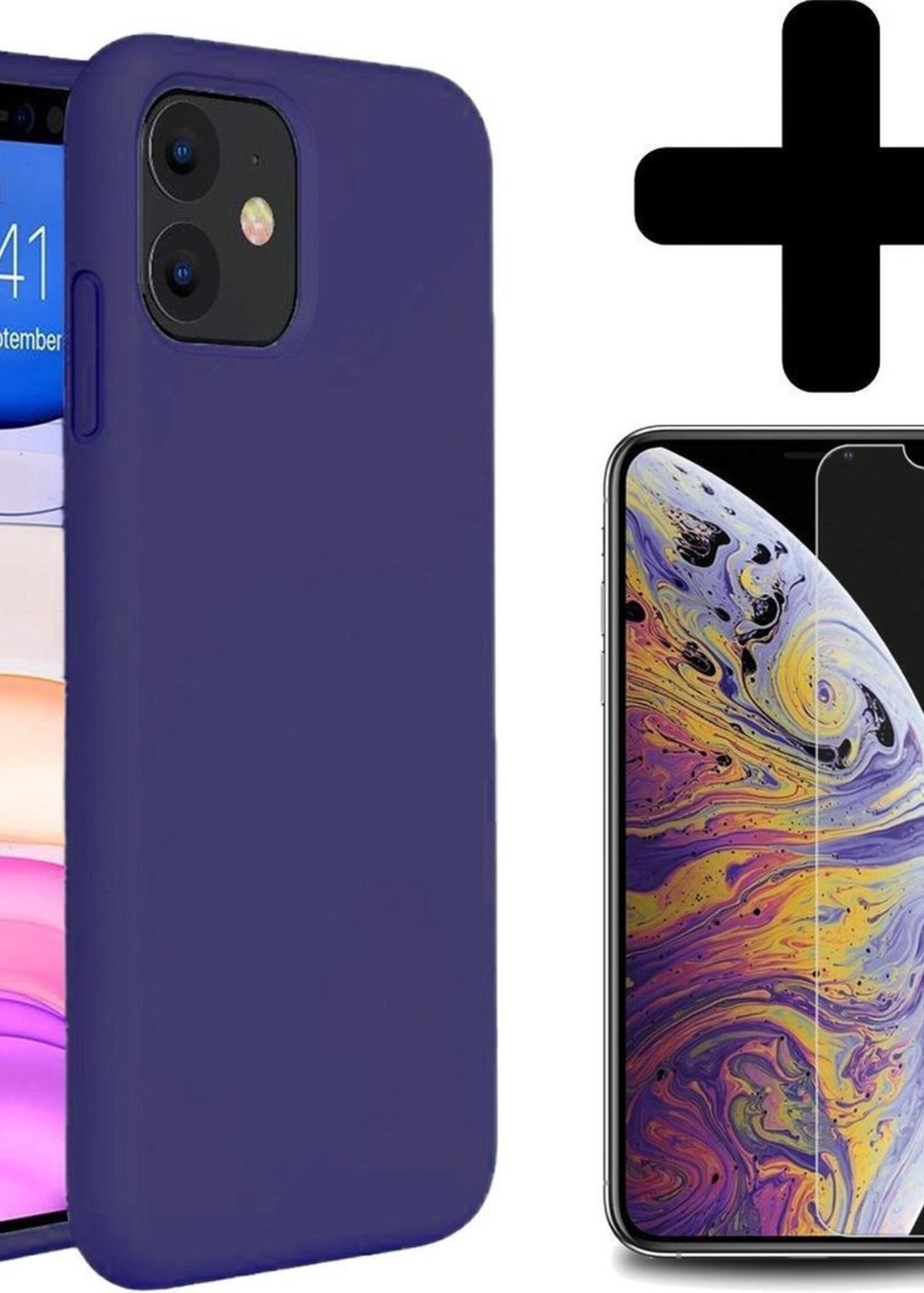 BTH Hoesje Geschikt voor iPhone 11 Hoesje Siliconen Case Hoes Met Screenprotector - Hoes Geschikt voor iPhone 11 Hoes Cover Case - Donkerblauw