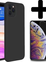 BTH BTH iPhone 11 Pro Max Hoesje Silicone Case Cover Zwart Met Screenprotector Gehard Glas