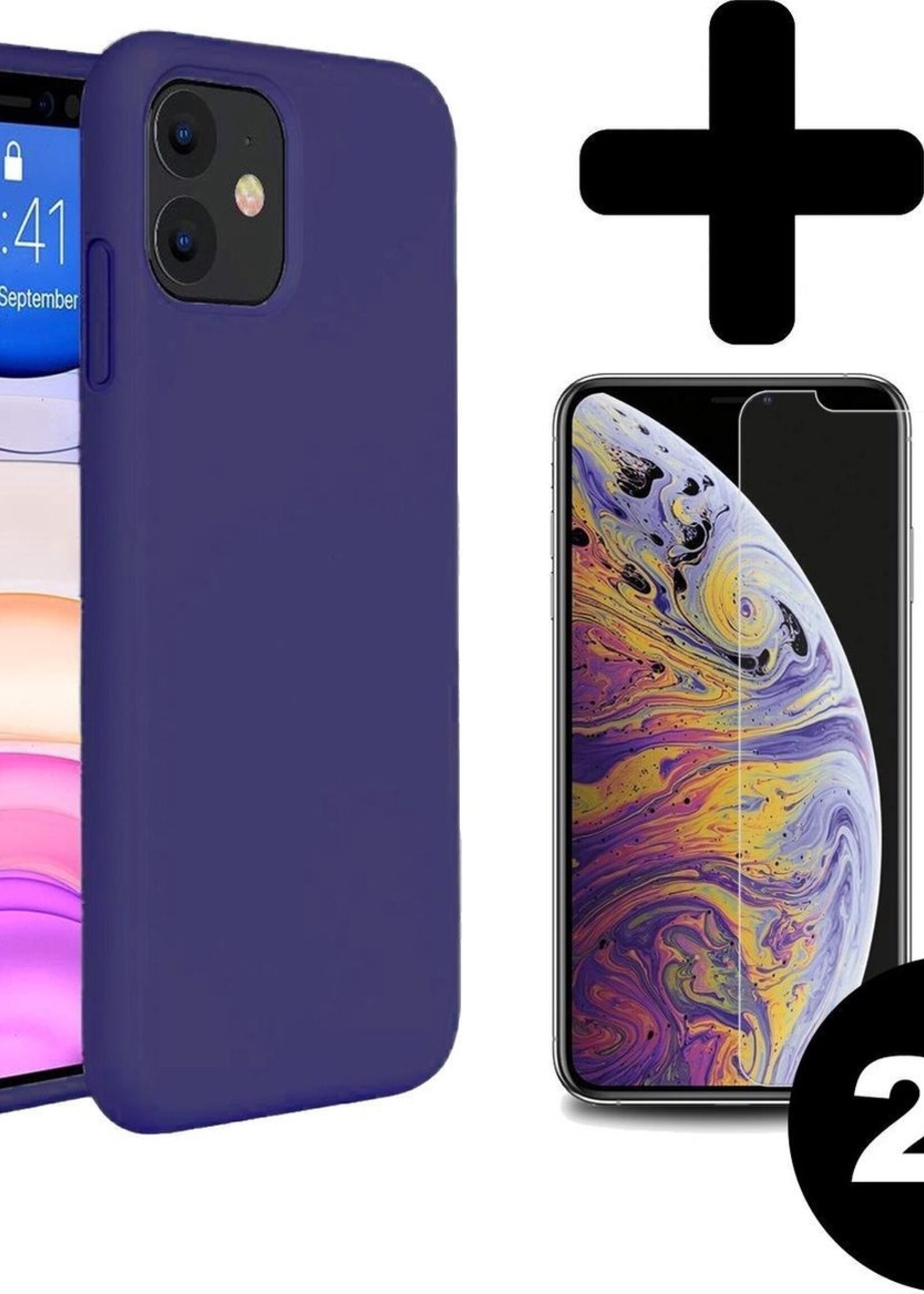 BTH Hoesje Geschikt voor iPhone 11 Hoesje Siliconen Case Hoes Met 2x Screenprotector - Hoes Geschikt voor iPhone 11 Hoes Cover Case - Donkerblauw