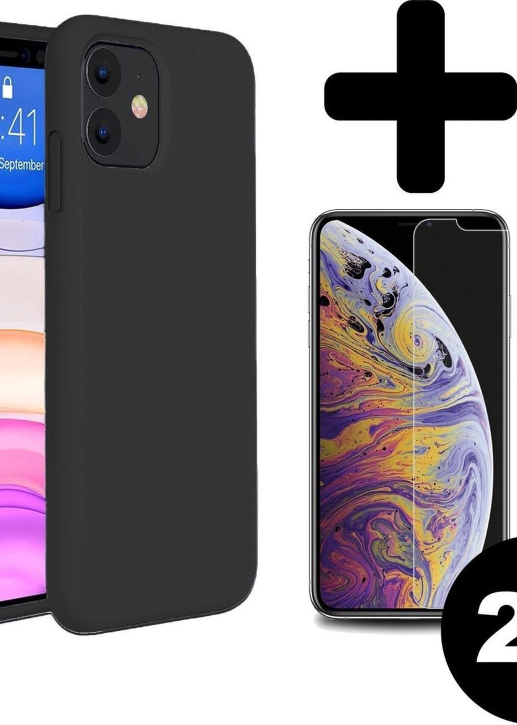 BTH Hoesje Geschikt voor iPhone 11 Hoesje Siliconen Case Hoes Met 2x Screenprotector - Hoes Geschikt voor iPhone 11 Hoes Cover Case - Zwart
