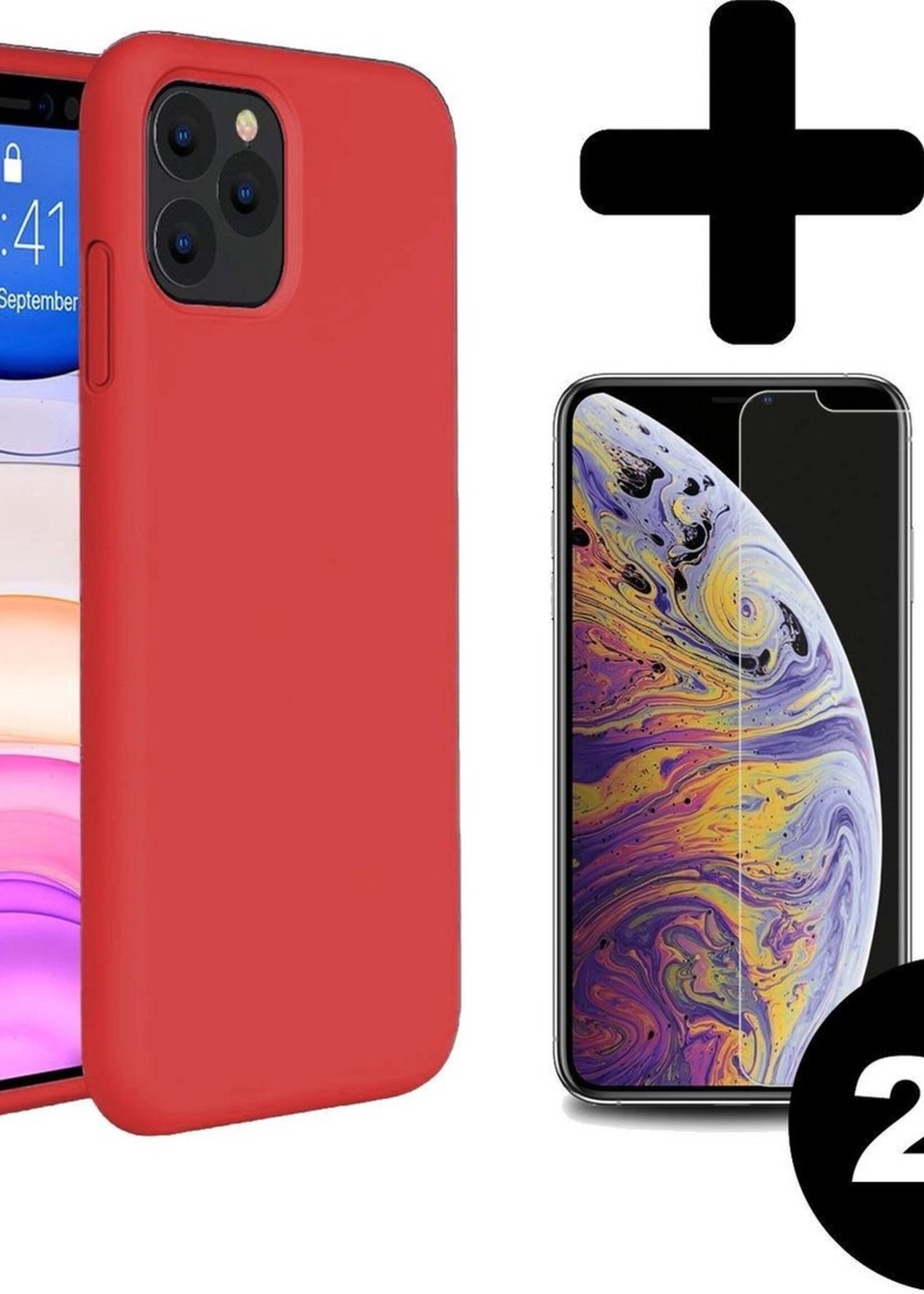 BTH Hoesje Geschikt voor iPhone 11 Pro Hoesje Siliconen Case Hoes Met 2x Screenprotector - Hoes Geschikt voor iPhone 11 Pro Hoes Cover Case - Rood