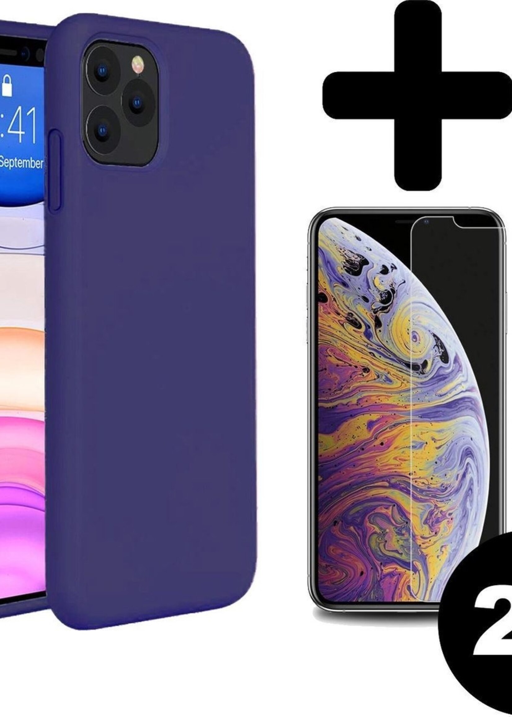 BTH Hoesje Geschikt voor iPhone 11 Pro Hoesje Siliconen Case Hoes Met 2x Screenprotector - Hoes Geschikt voor iPhone 11 Pro Hoes Cover Case - Donkerblauw