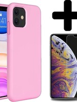 BTH BTH iPhone 11 Hoesje Siliconen Cover Roze Met Screenprotector Gehard Glas