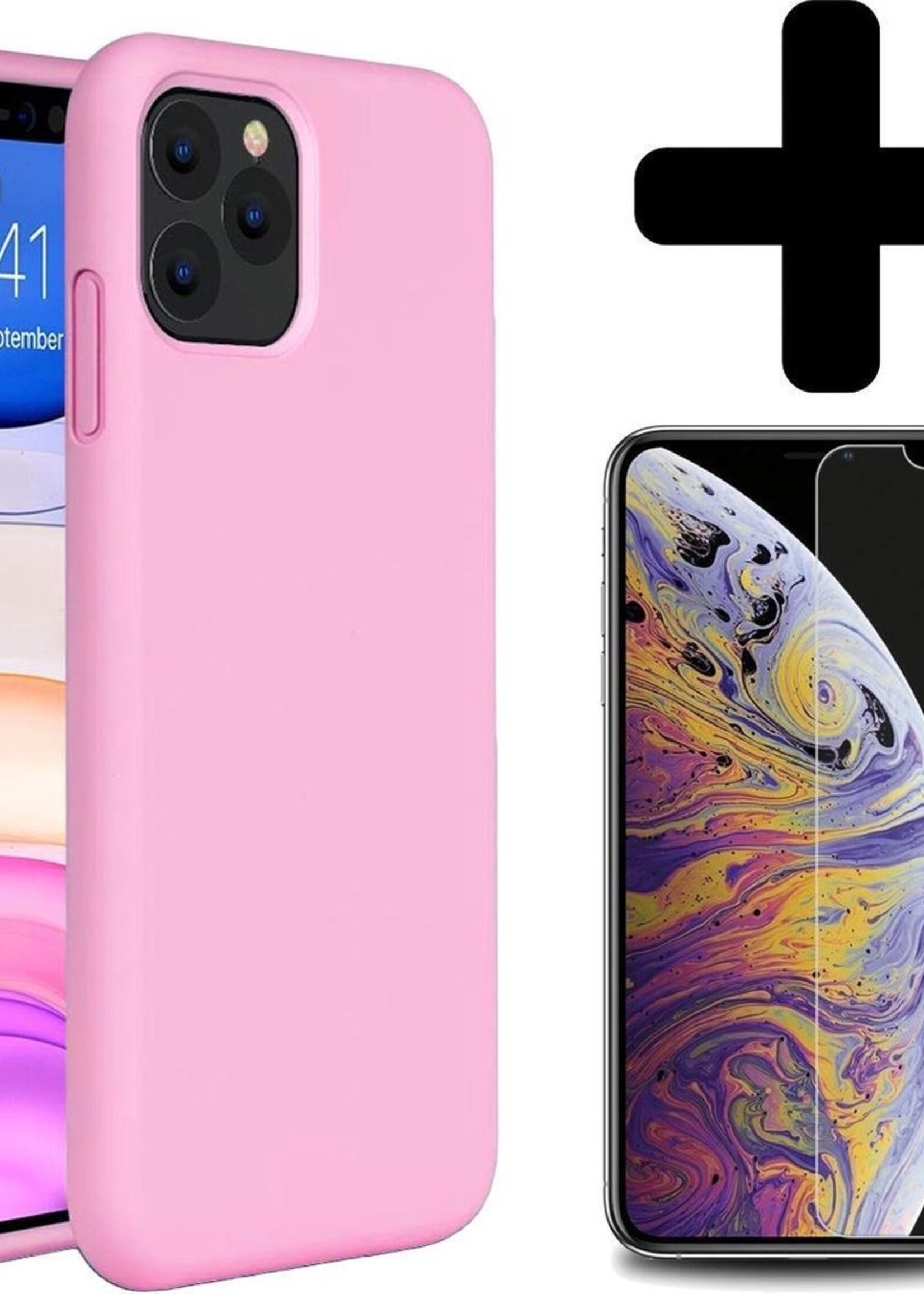 BTH Hoesje Geschikt voor iPhone 11 Pro Hoesje Siliconen Case Hoes Met Screenprotector - Hoes Geschikt voor iPhone 11 Pro Hoes Cover Case - Roze