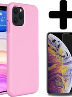 BTH BTH iPhone 11 Pro Max Hoesje Silicone Case Cover Roze Met Screenprotector Gehard Glas