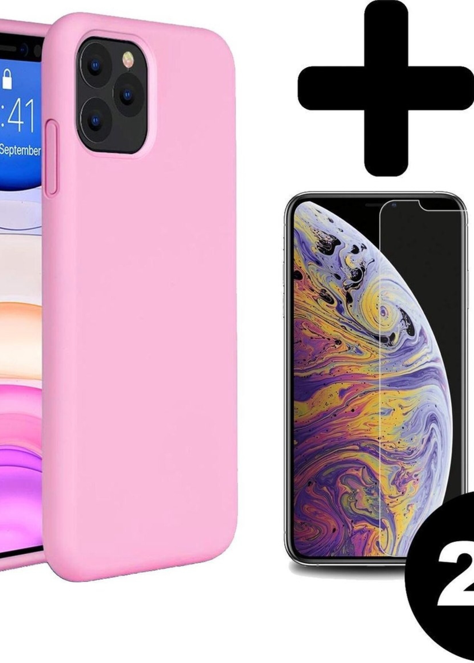 BTH Hoesje Geschikt voor iPhone 11 Pro Max Hoesje Siliconen Case Hoes Met 2x Screenprotector - Hoes Geschikt voor iPhone 11 Pro Max Hoes Cover Case - Roze