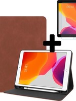 BTH BTH Luxe Lederen iPad 10.2 (2019) Hoes Cover Tablet Hoesje Bookcase Met Screenprotector - Uitsparing Active Stylus Pen - Bruin