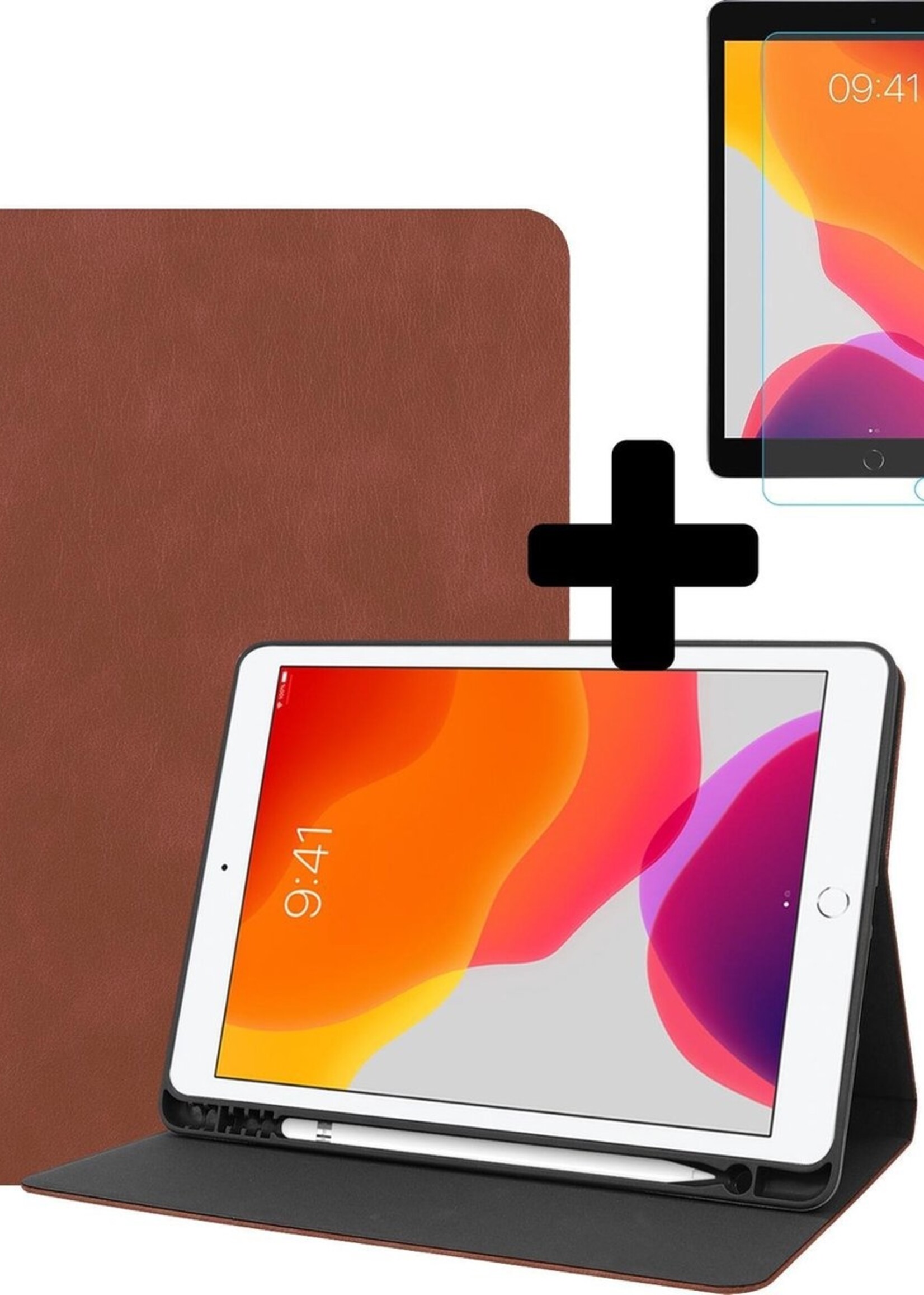BTH Hoes Geschikt voor iPad 10.2 2019 Hoes Luxe Book Case Met Uitsparing Geschikt voor Apple Pencil Met Screenprotector - Hoesje Geschikt voor iPad 7 Hoesje Cover Case - Bruin