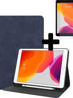 BTH BTH Luxe Lederen iPad 10.2 (2019) Hoes Cover Tablet Hoesje Bookcase Met Screenprotector - Uitsparing Active Stylus Pen - Donkerblauw