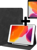 BTH BTH Luxe Lederen iPad 10.2 (2019) Hoes Cover Tablet Hoesje Bookcase Met Screenprotector - Uitsparing Active Stylus Pen - Zwart