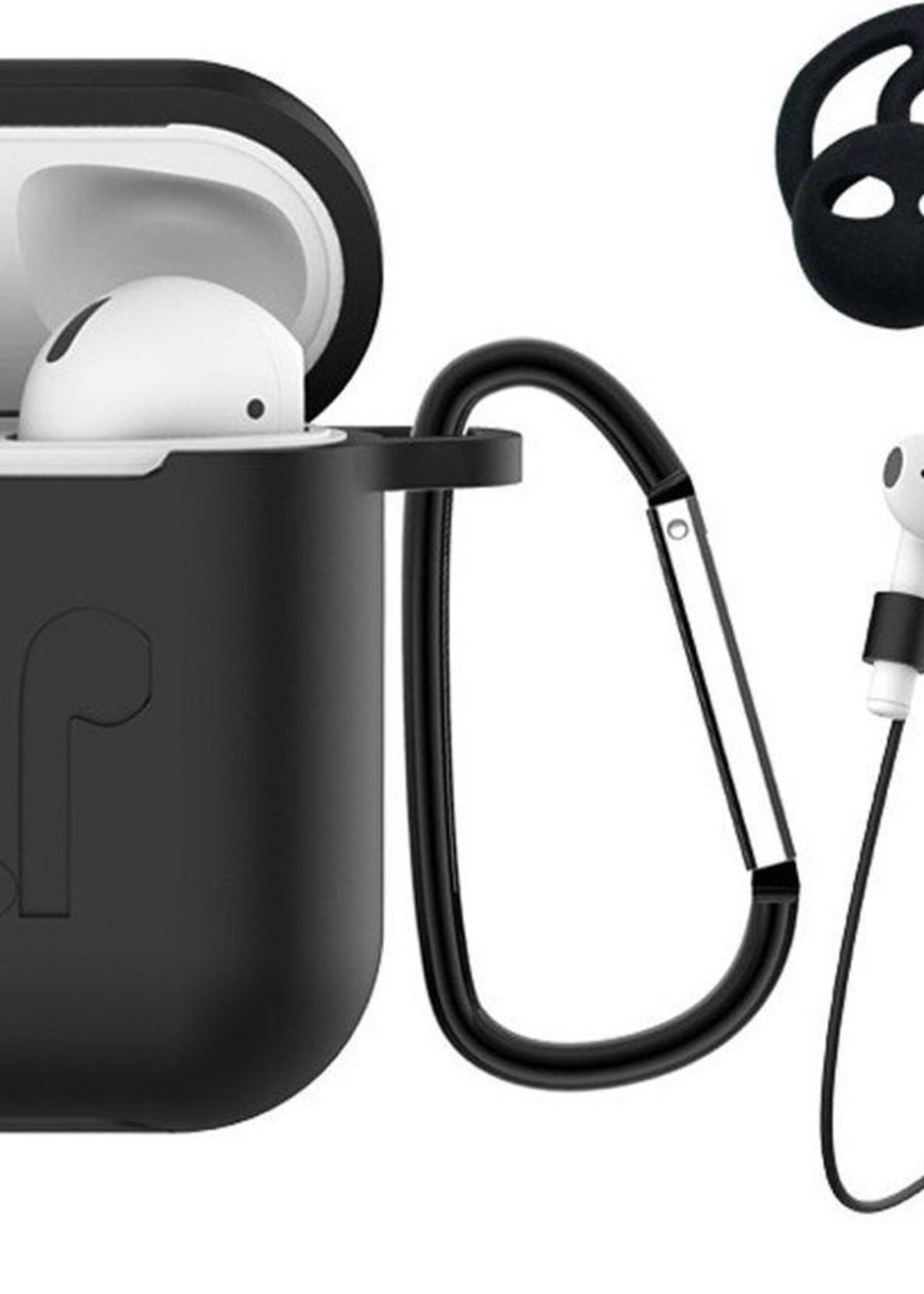 BTH Case Geschikt voor AirPods 1 Hoesje Hoes Siliconen 3-in-1 Met Clip Cover - Hoesje Geschikt voor Apple Airpods 1 Siliconen 3-in-1 Met Clip - Zwart