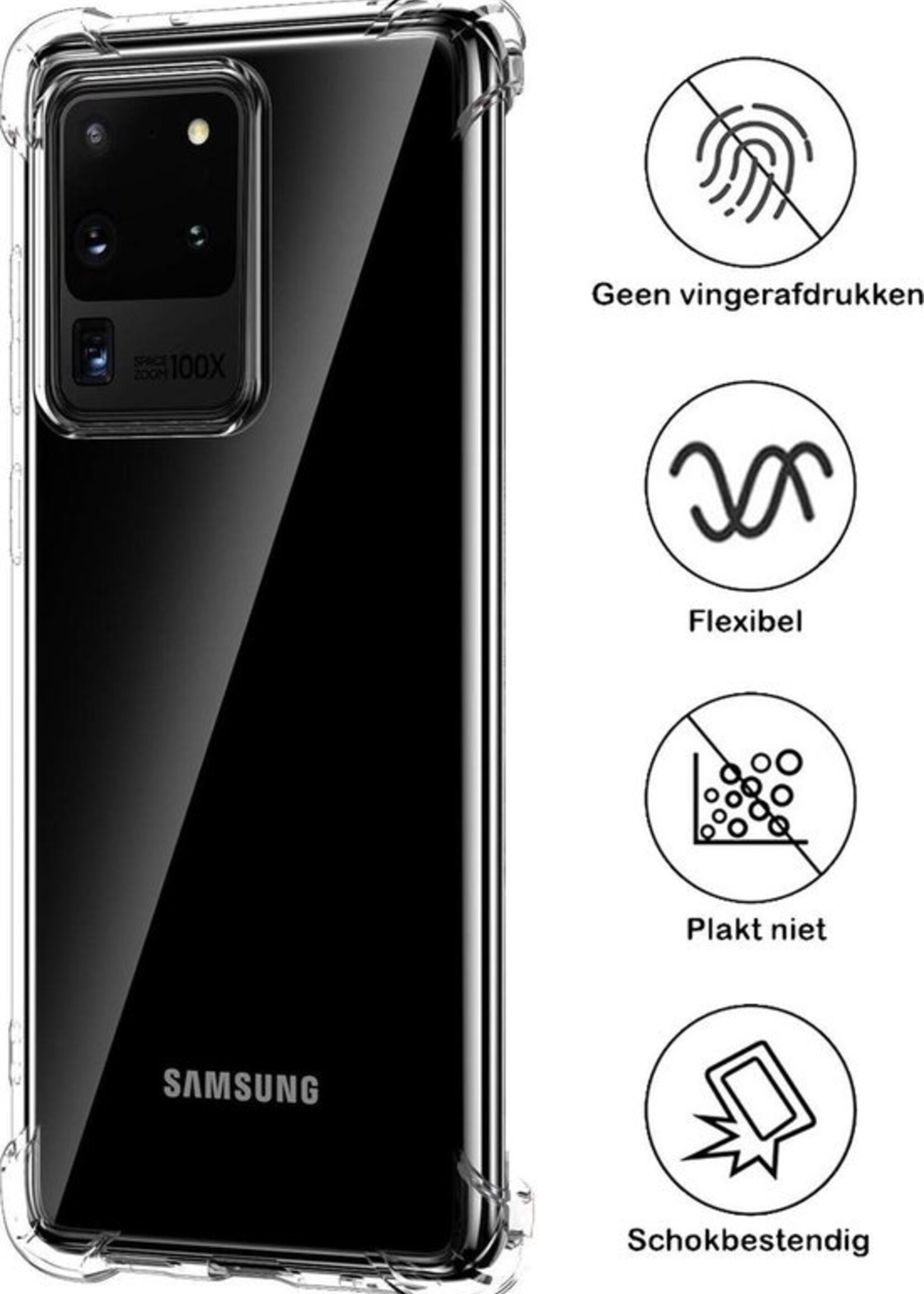 BTH Hoesje Geschikt voor Samsung S20 Ultra Hoesje Siliconen Shock Proof Case Hoes Met 2x Screenprotector - Hoes Geschikt voor Samsung Galaxy S20 Ultra Hoes Cover Case Shockproof - Transparant