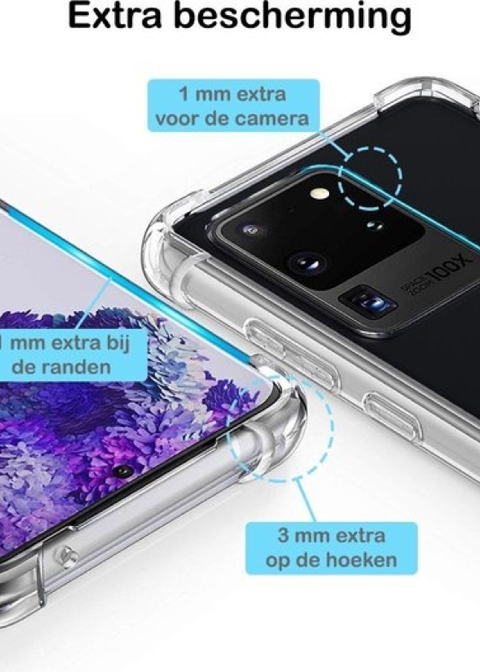 BTH Hoesje Geschikt voor Samsung S20 Ultra Hoesje Siliconen Shock Proof Case Hoes Met 2x Screenprotector - Hoes Geschikt voor Samsung Galaxy S20 Ultra Hoes Cover Case Shockproof - Transparant