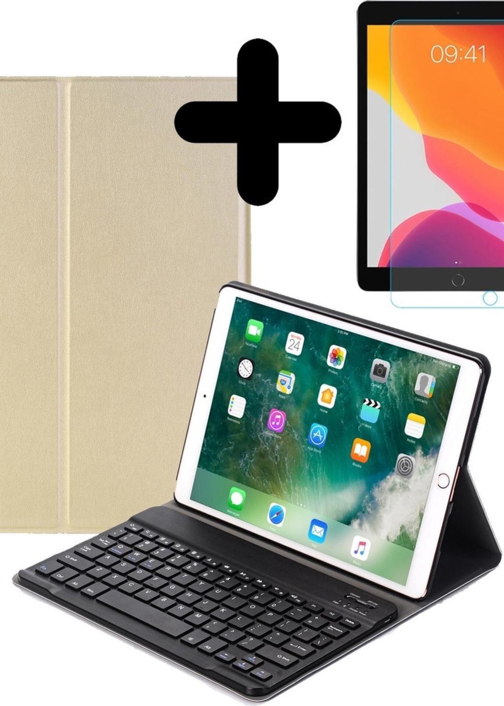 BTH Hoes Geschikt voor iPad 10.2 2019 Hoes Toetsenbord Hoesje Keyboard Case Cover Met Screenprotector - Hoesje Geschikt voor iPad 7 Hoes Toetsenbord Case - Goud