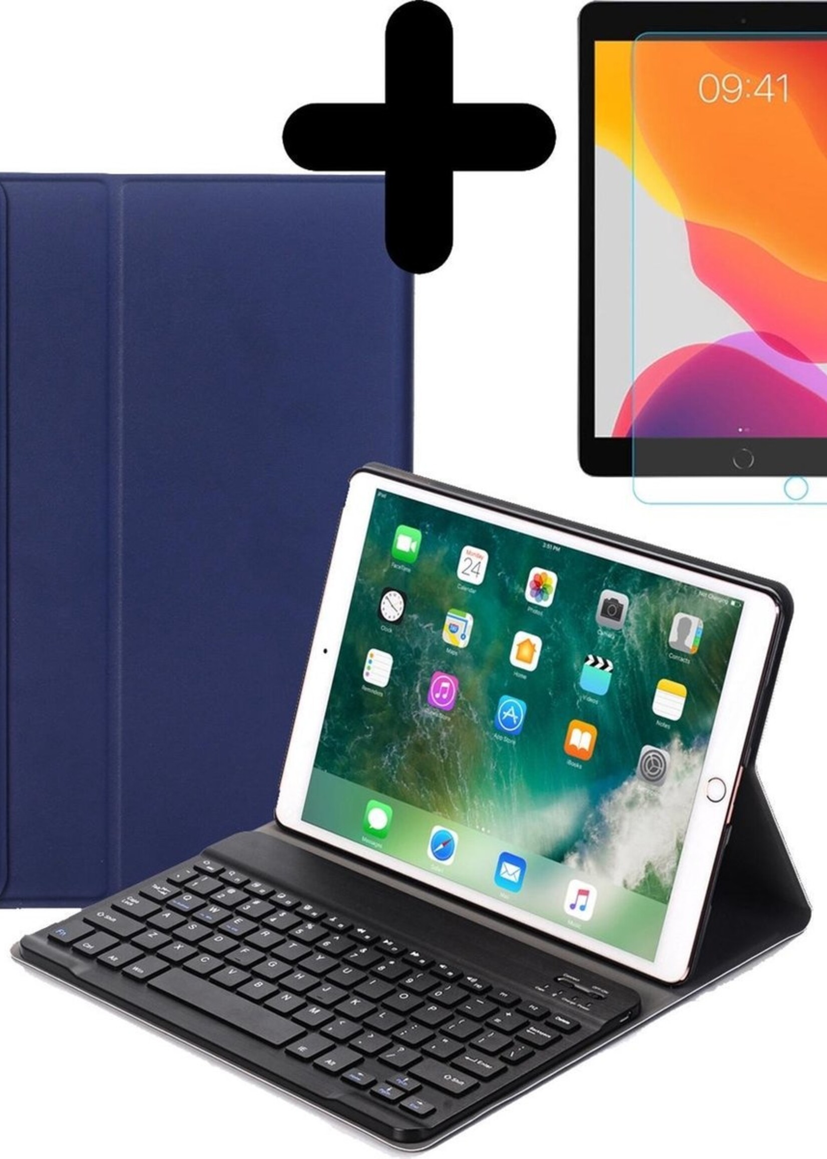 BTH Hoes Geschikt voor iPad 10.2 2019 Hoes Toetsenbord Hoesje Keyboard Case Cover Met Screenprotector - Hoesje Geschikt voor iPad 7 Hoes Toetsenbord Case - Donkerblauw