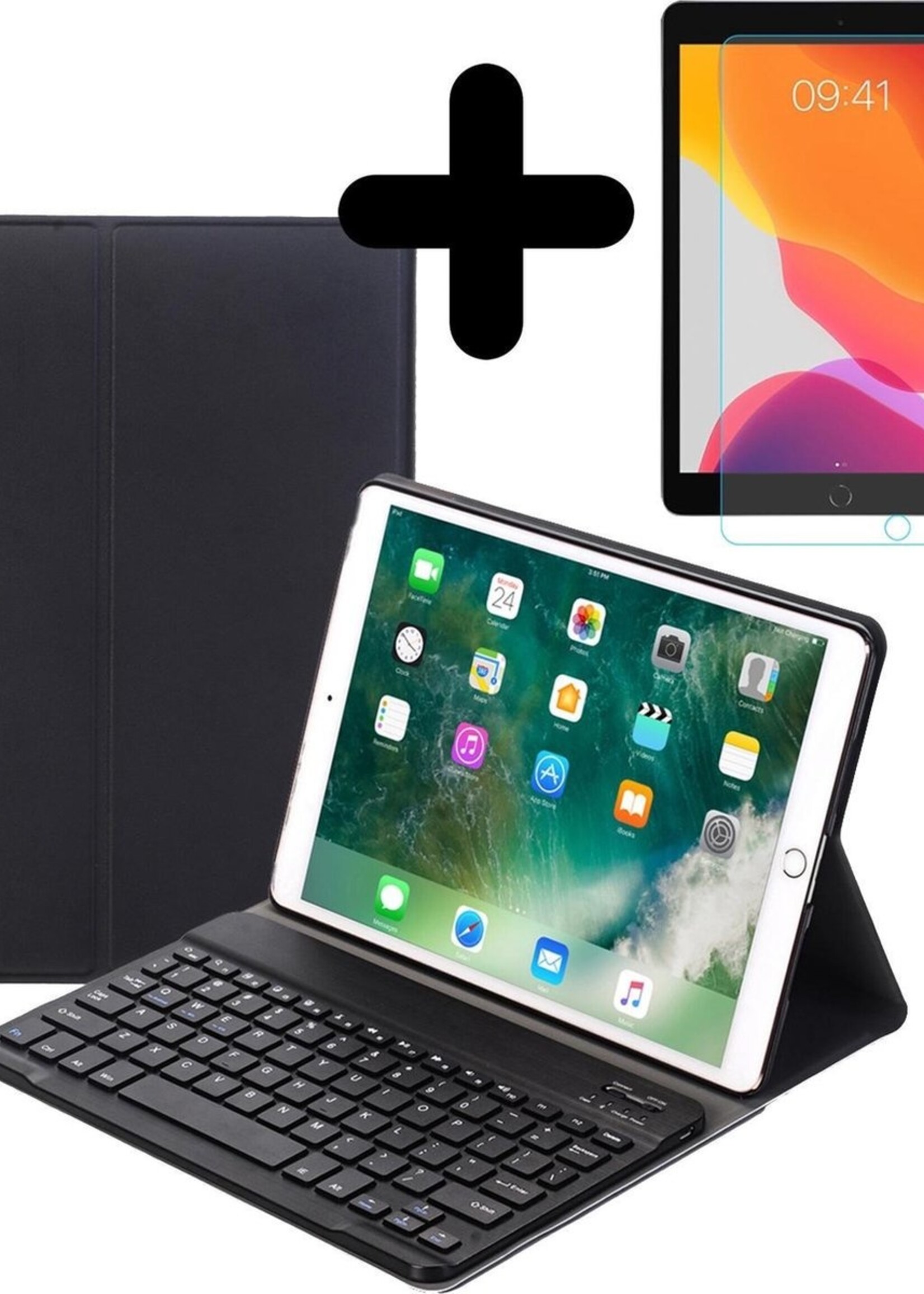 BTH Hoes Geschikt voor iPad 10.2 2019 Hoes Toetsenbord Hoesje Keyboard Case Cover Met Screenprotector - Hoesje Geschikt voor iPad 7 Hoes Toetsenbord Case - Zwart