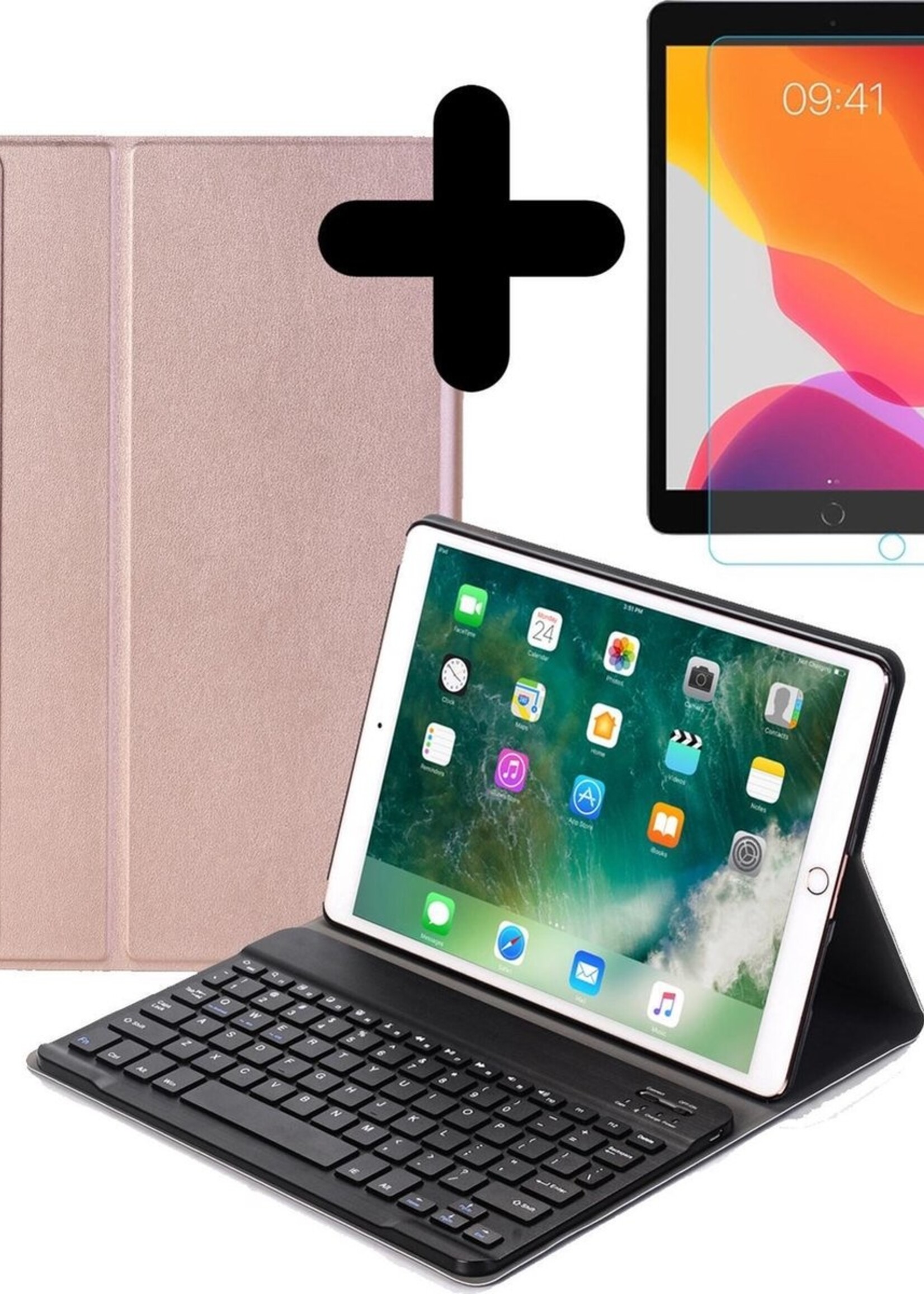BTH Hoes Geschikt voor iPad 10.2 2019 Hoes Toetsenbord Hoesje Keyboard Case Cover Met Screenprotector - Hoesje Geschikt voor iPad 7 Hoes Toetsenbord Case - Rosé goud