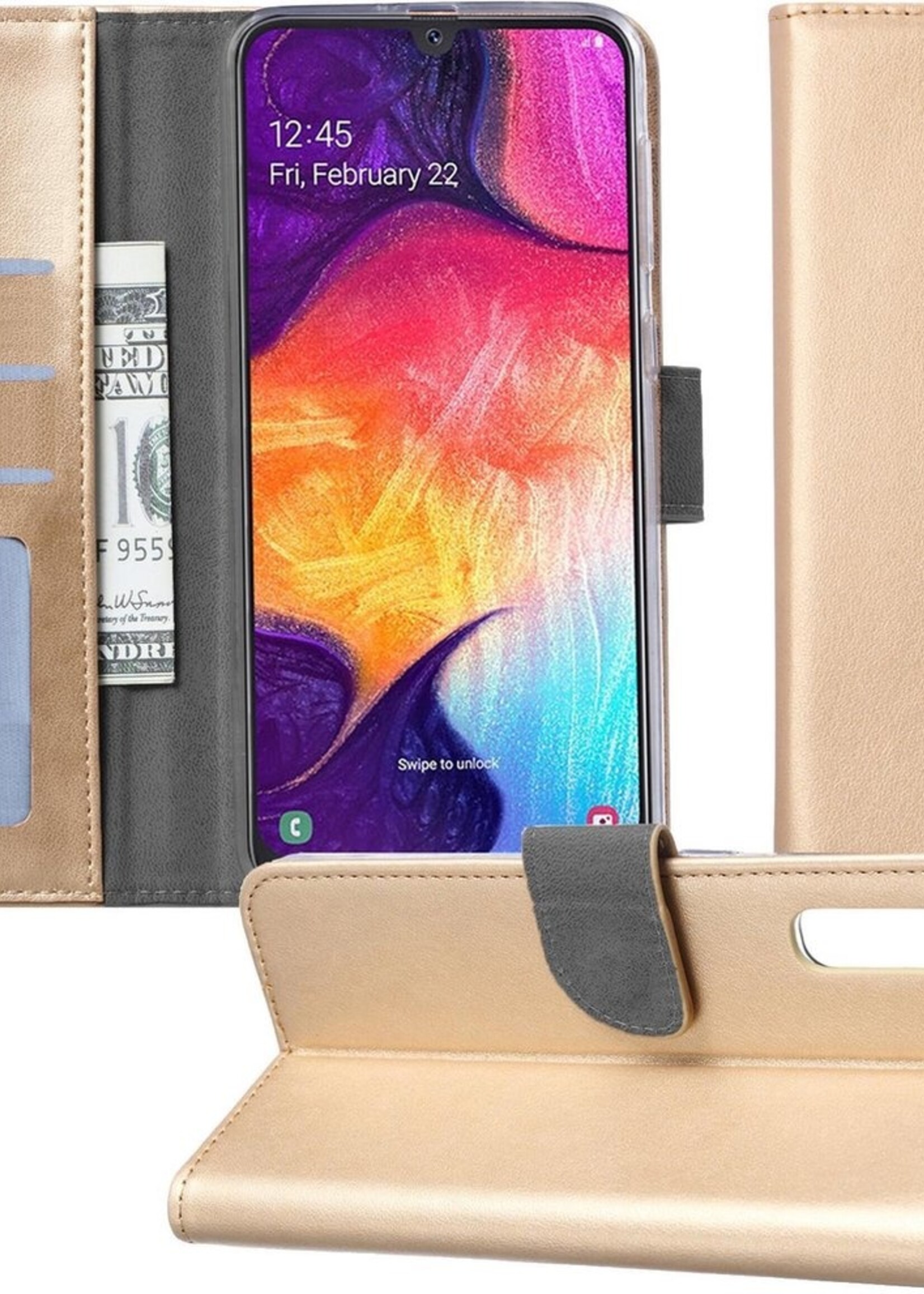 BTH Hoesje Geschikt voor Samsung Galaxy A50 Hoesje Book Case Hoes Portemonnee Cover Walletcase - Hoes Geschikt voor Samsung A50 Hoes Bookcase Hoesje - Goud