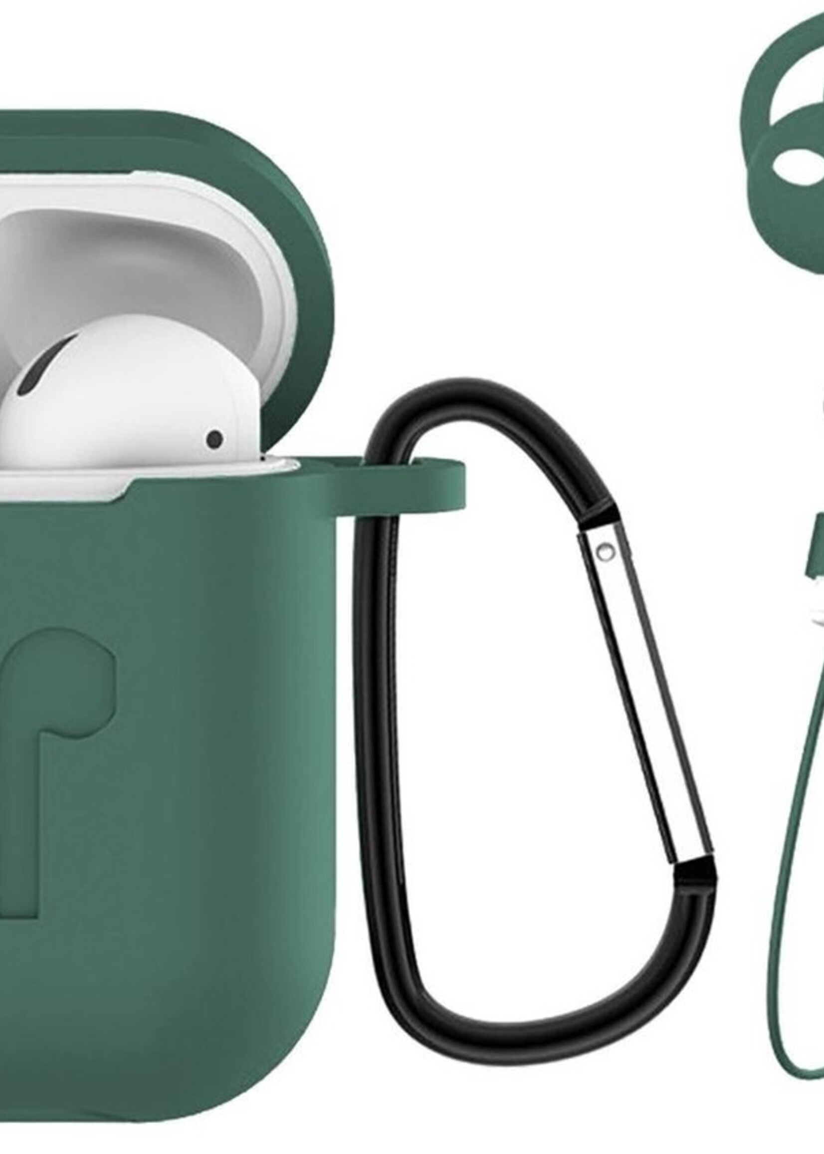 BTH Case Geschikt voor AirPods Hoesje Hoes Siliconen 3-in-1 Met Clip Cover - Hoesje Geschikt voor Apple Airpods 1/2 Siliconen 3-in-1 Met Clip - Midnight Green