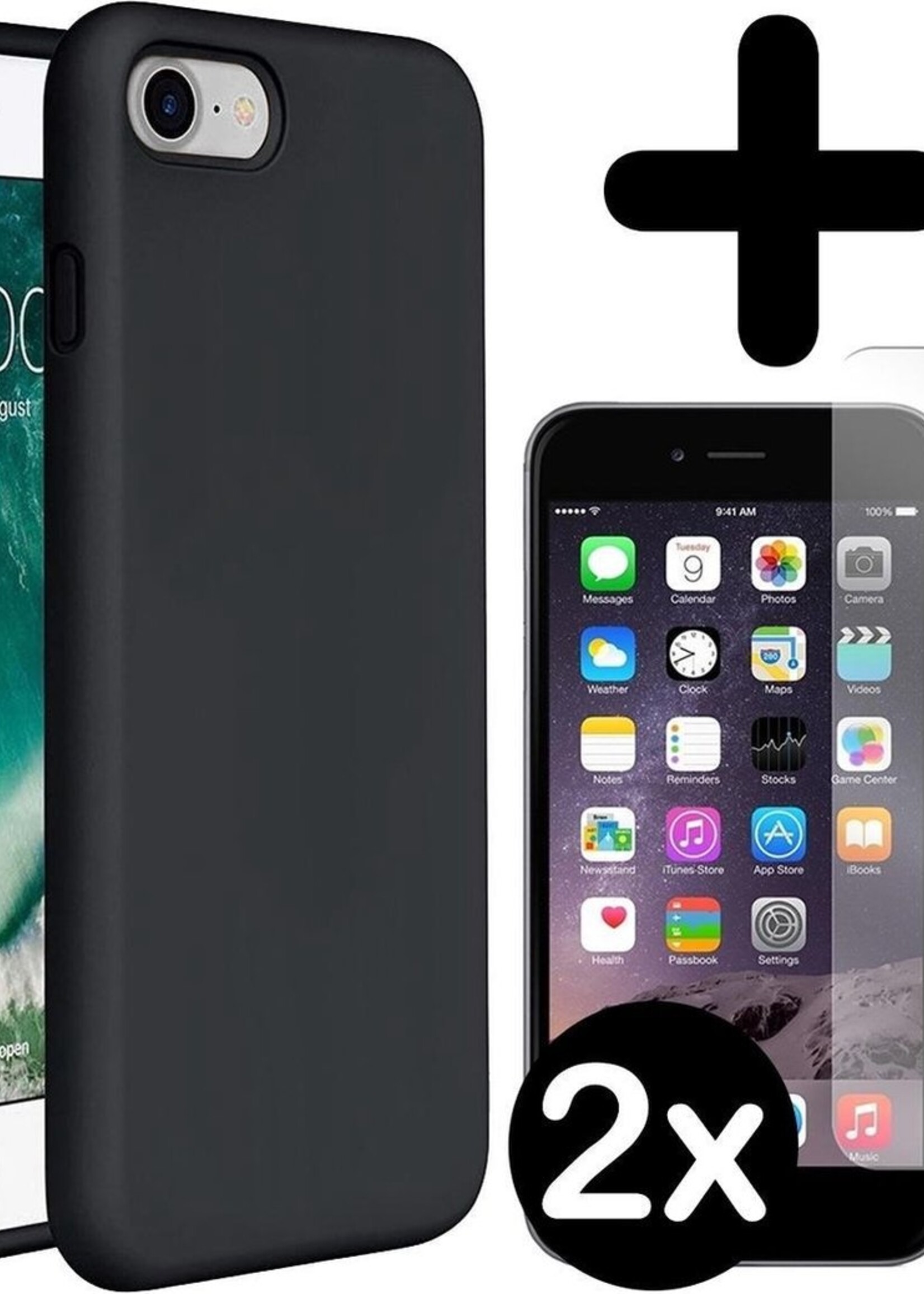 BTH Hoesje Geschikt voor iPhone SE 2020 Hoesje Siliconen Case Hoes Met 2x Screenprotector - Hoes Geschikt voor iPhone SE (2020) Hoes Cover Case - Zwart