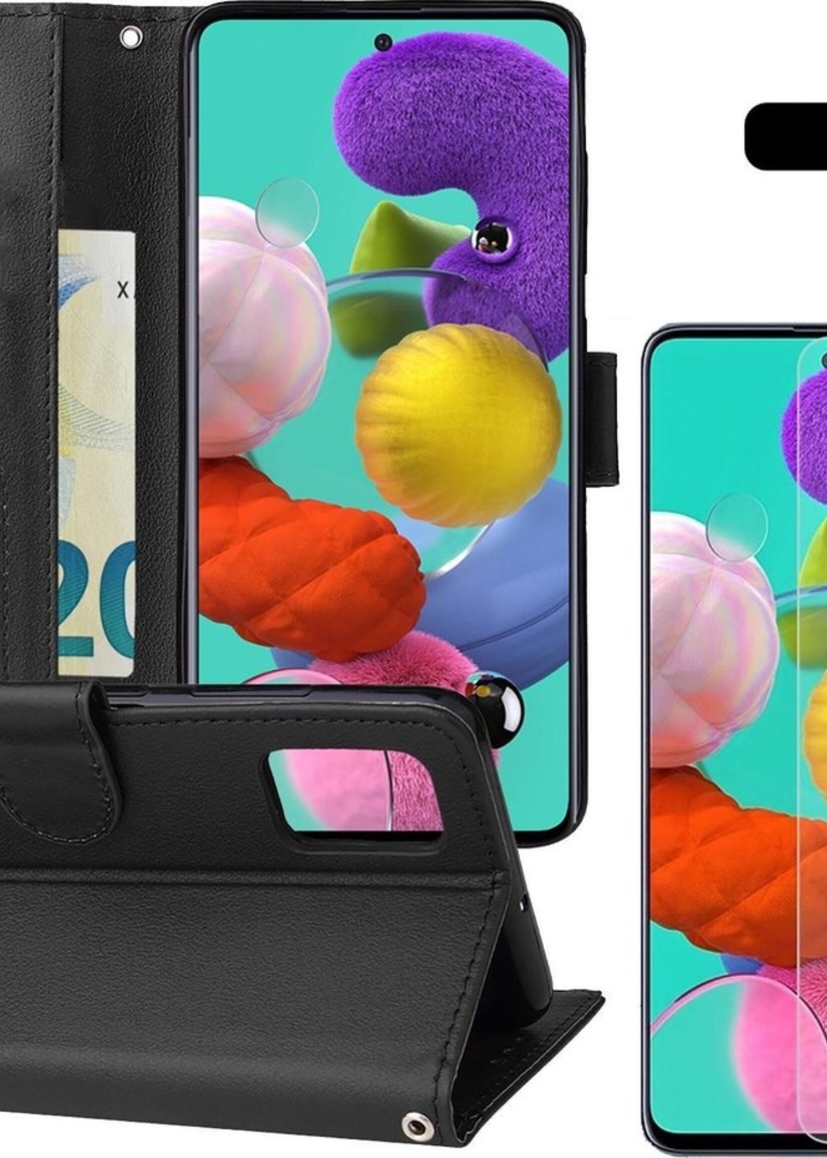 BTH Hoesje Geschikt voor Samsung A51 Hoesje Book Case Hoes Portemonnee Cover Walletcase Met Screenprotector - Hoes Geschikt voor Samsung Galaxy A51 Hoes Bookcase Hoesje - Zwart