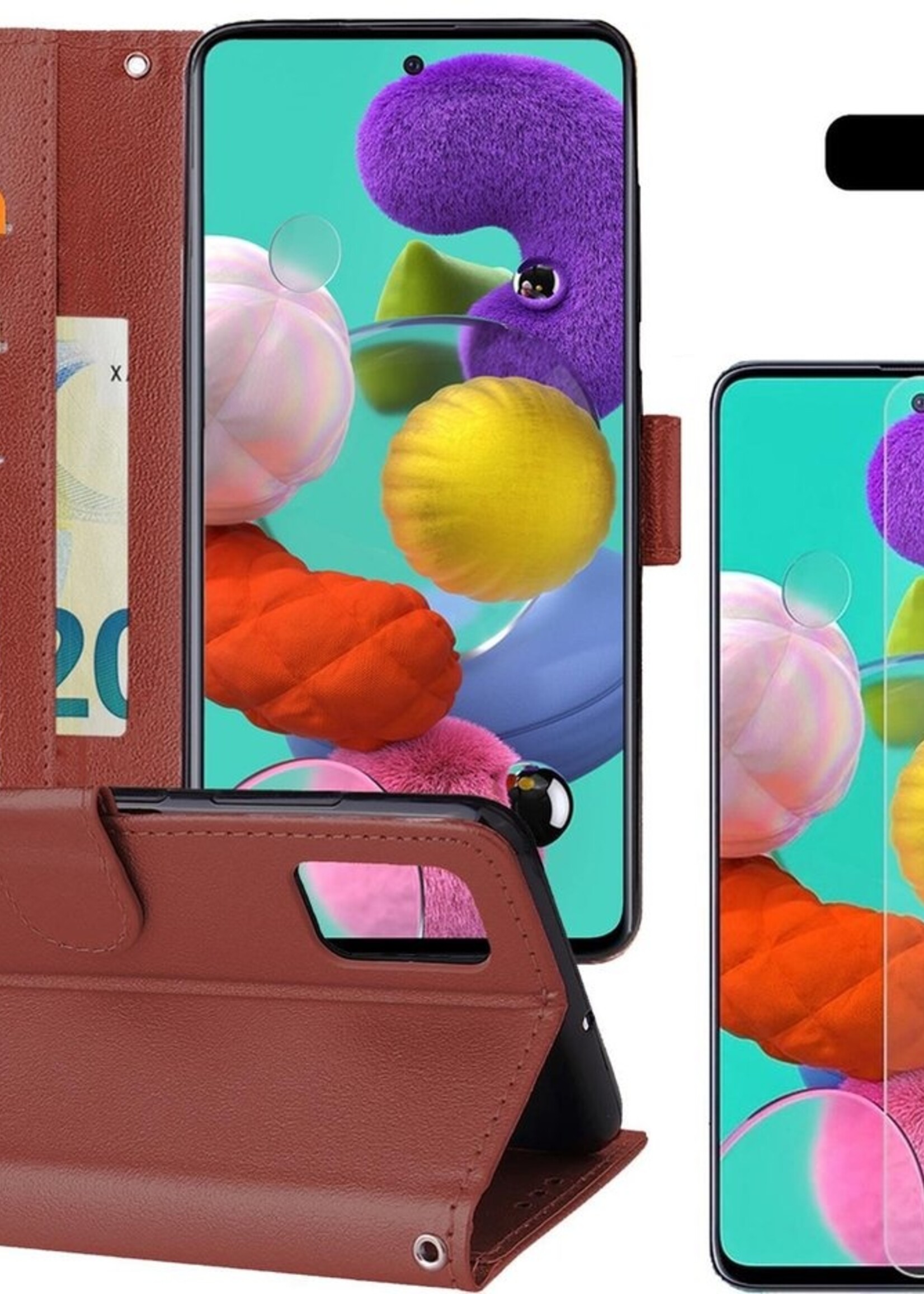 BTH Hoesje Geschikt voor Samsung A51 Hoesje Book Case Hoes Portemonnee Cover Walletcase Met Screenprotector - Hoes Geschikt voor Samsung Galaxy A51 Hoes Bookcase Hoesje - Bruin