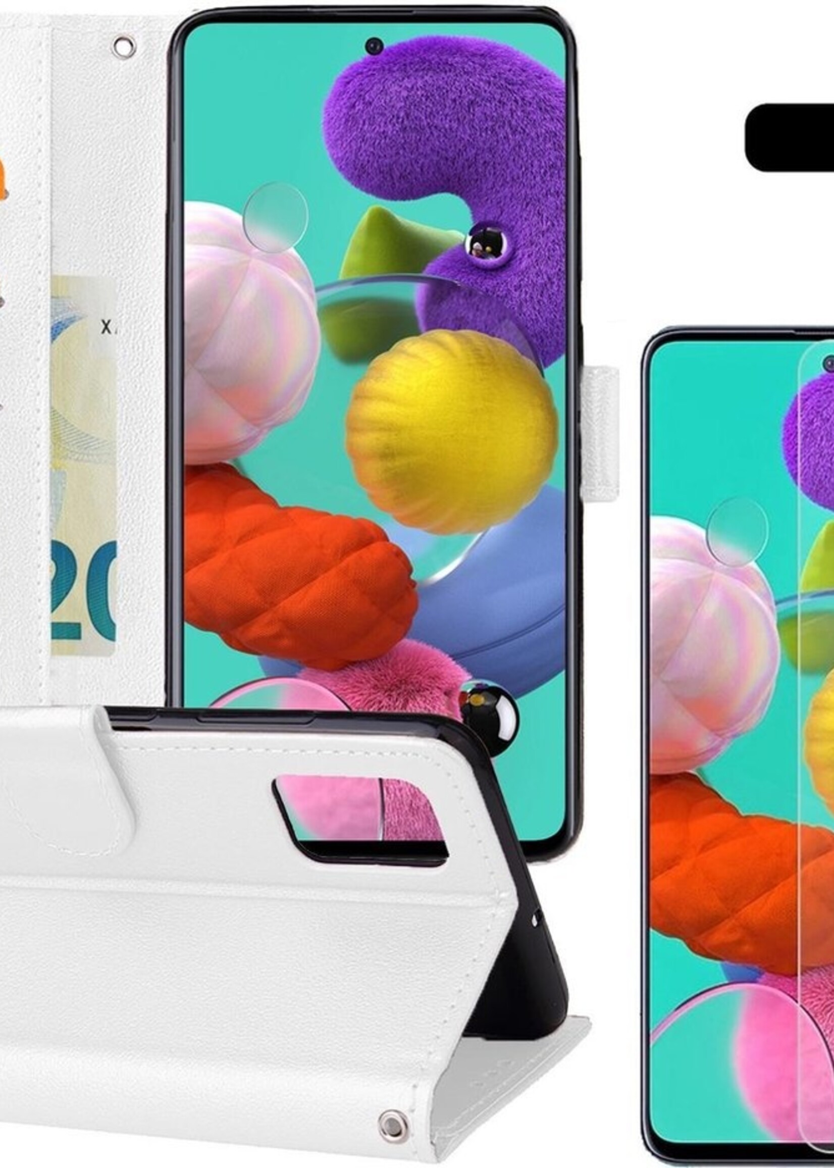 BTH Hoesje Geschikt voor Samsung A51 Hoesje Book Case Hoes Portemonnee Cover Walletcase Met Screenprotector - Hoes Geschikt voor Samsung Galaxy A51 Hoes Bookcase Hoesje - Wit