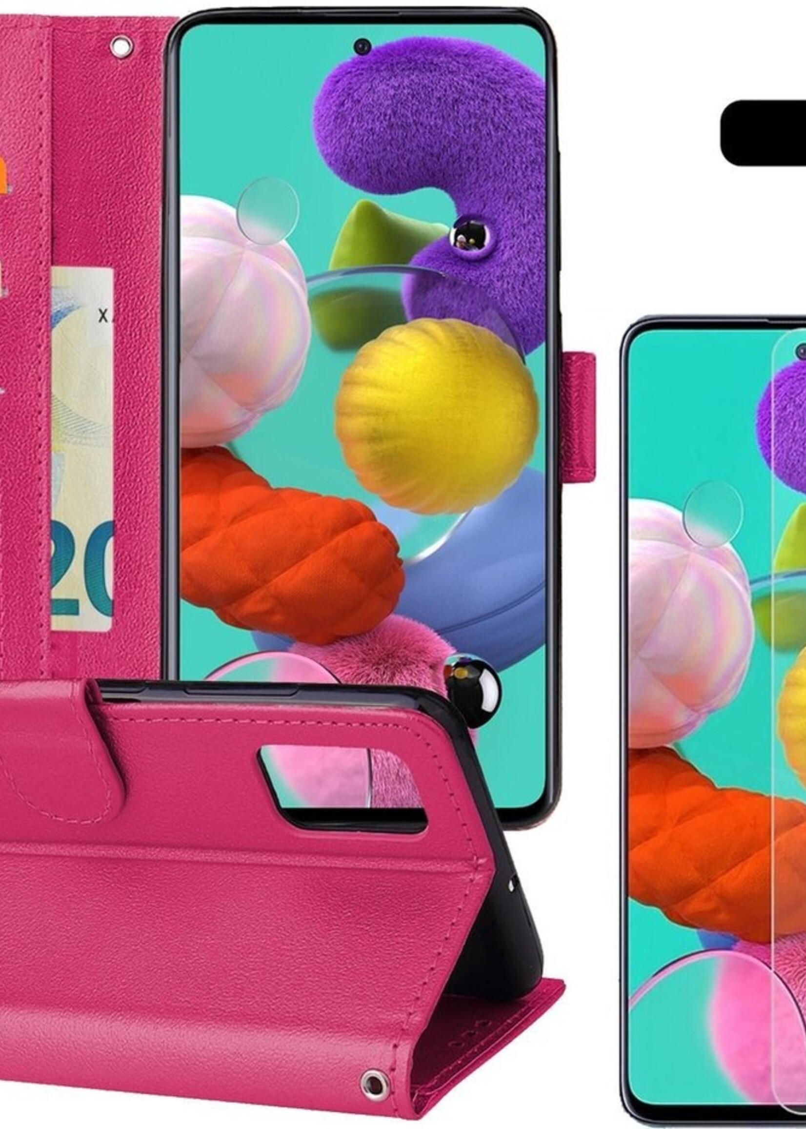 BTH Hoesje Geschikt voor Samsung A51 Hoesje Book Case Hoes Portemonnee Cover Walletcase Met Screenprotector - Hoes Geschikt voor Samsung Galaxy A51 Hoes Bookcase Hoesje - Donkerroze