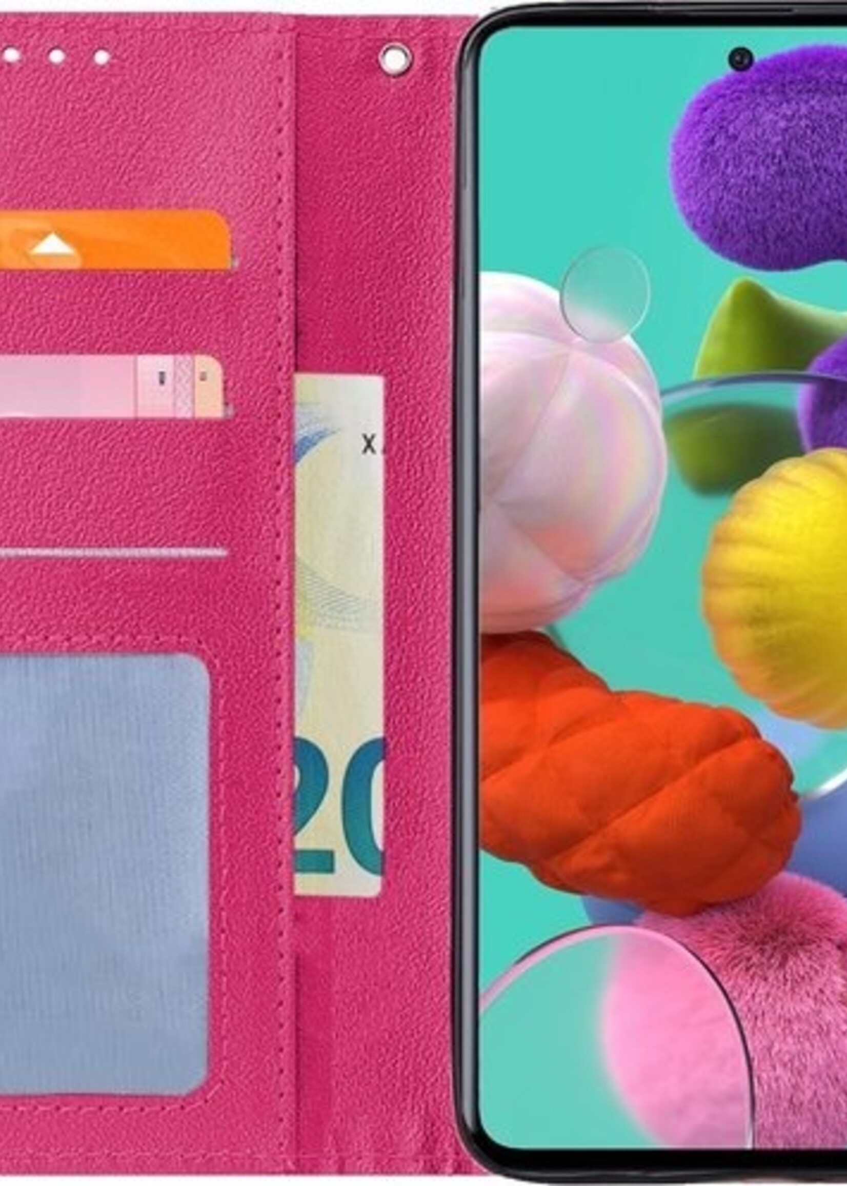 BTH Hoesje Geschikt voor Samsung A51 Hoesje Book Case Hoes Portemonnee Cover Walletcase Met Screenprotector - Hoes Geschikt voor Samsung Galaxy A51 Hoes Bookcase Hoesje - Donkerroze