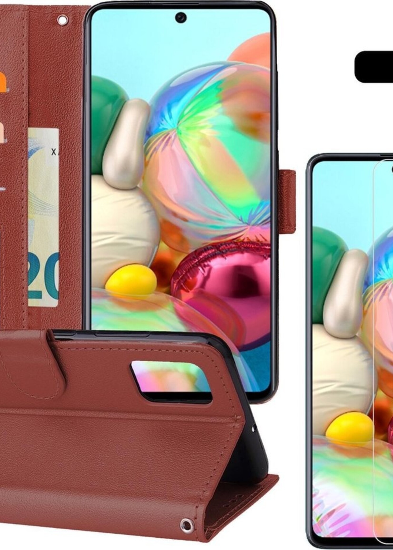 BTH Hoesje Geschikt voor Samsung A71 Hoesje Book Case Hoes Portemonnee Cover Walletcase Met Screenprotector - Hoes Geschikt voor Samsung Galaxy A71 Hoes Bookcase Hoesje - Bruin