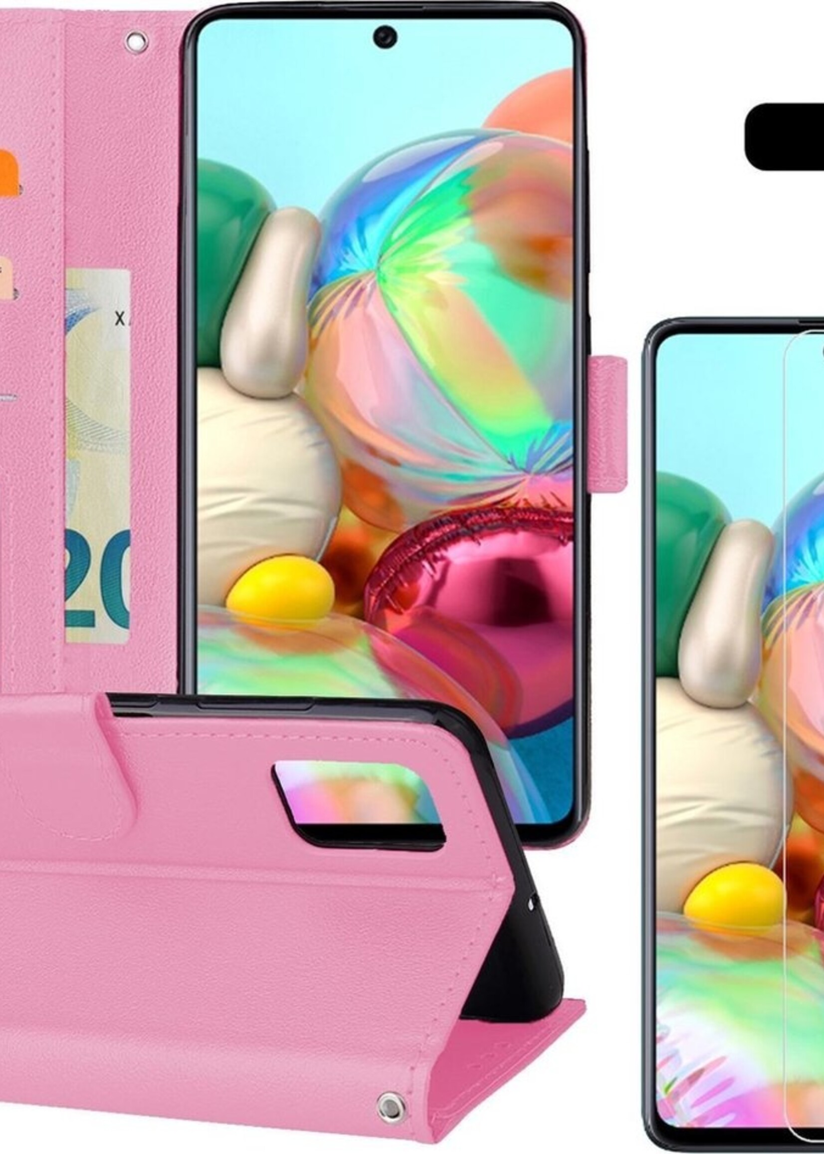 BTH Hoesje Geschikt voor Samsung A71 Hoesje Book Case Hoes Portemonnee Cover Walletcase Met Screenprotector - Hoes Geschikt voor Samsung Galaxy A71 Hoes Bookcase Hoesje - Lichtroze