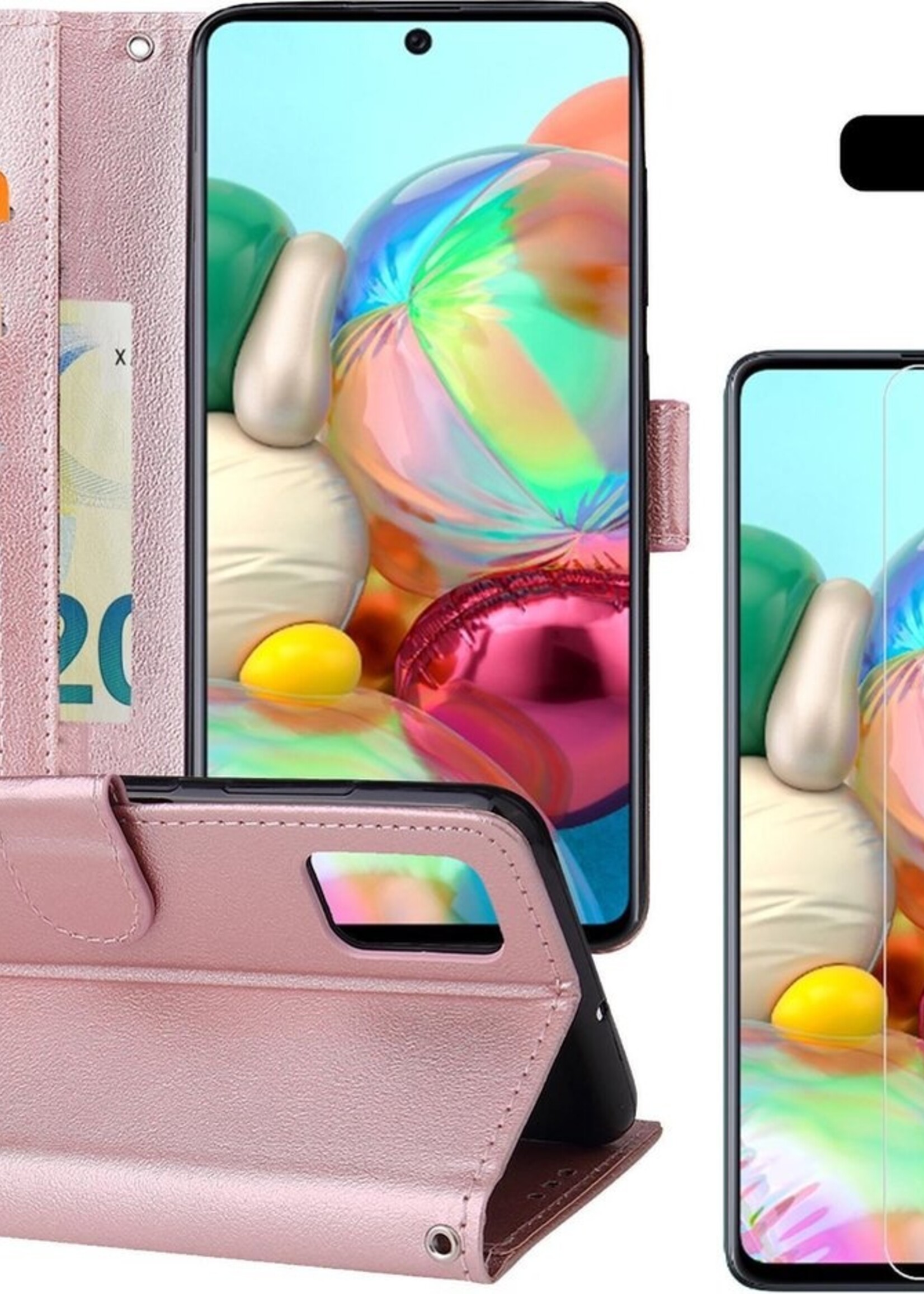 BTH Hoesje Geschikt voor Samsung A71 Hoesje Book Case Hoes Portemonnee Cover Walletcase Met Screenprotector - Hoes Geschikt voor Samsung Galaxy A71 Hoes Bookcase Hoesje - Rosé goud