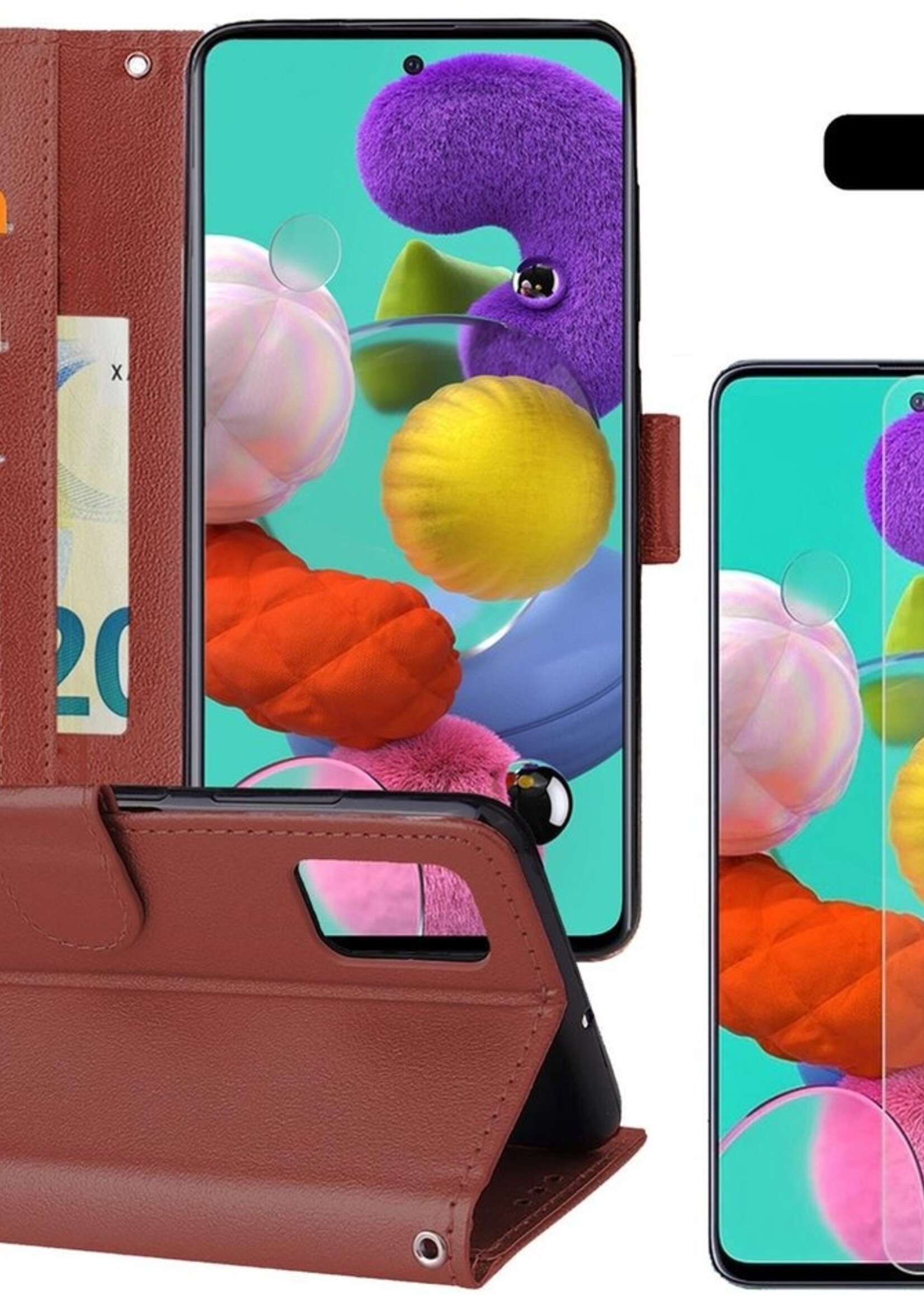 BTH Hoesje Geschikt voor Samsung A51 Hoesje Book Case Hoes Portemonnee Cover Walletcase Met 2x Screenprotector - Hoes Geschikt voor Samsung Galaxy A51 Hoes Bookcase Hoesje - Bruin