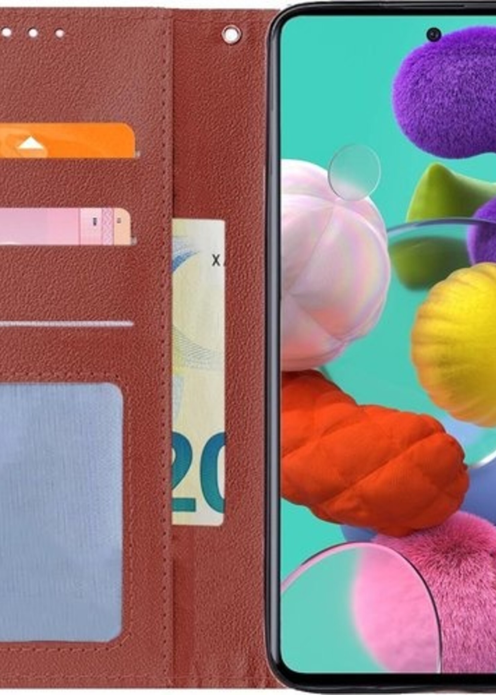 BTH Hoesje Geschikt voor Samsung A51 Hoesje Book Case Hoes Portemonnee Cover Walletcase Met 2x Screenprotector - Hoes Geschikt voor Samsung Galaxy A51 Hoes Bookcase Hoesje - Bruin