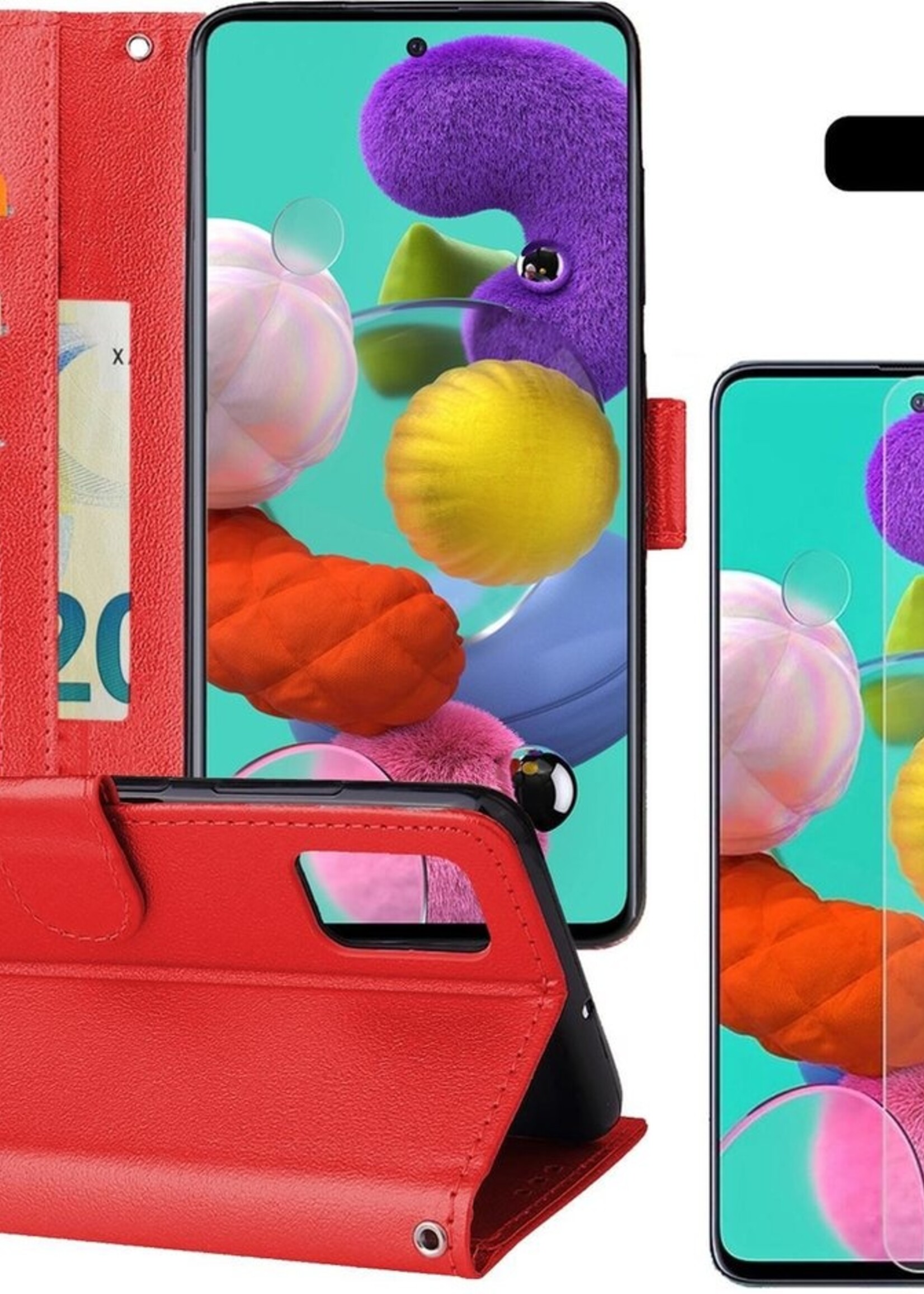 BTH Hoesje Geschikt voor Samsung A51 Hoesje Book Case Hoes Portemonnee Cover Walletcase Met 2x Screenprotector - Hoes Geschikt voor Samsung Galaxy A51 Hoes Bookcase Hoesje - Rood