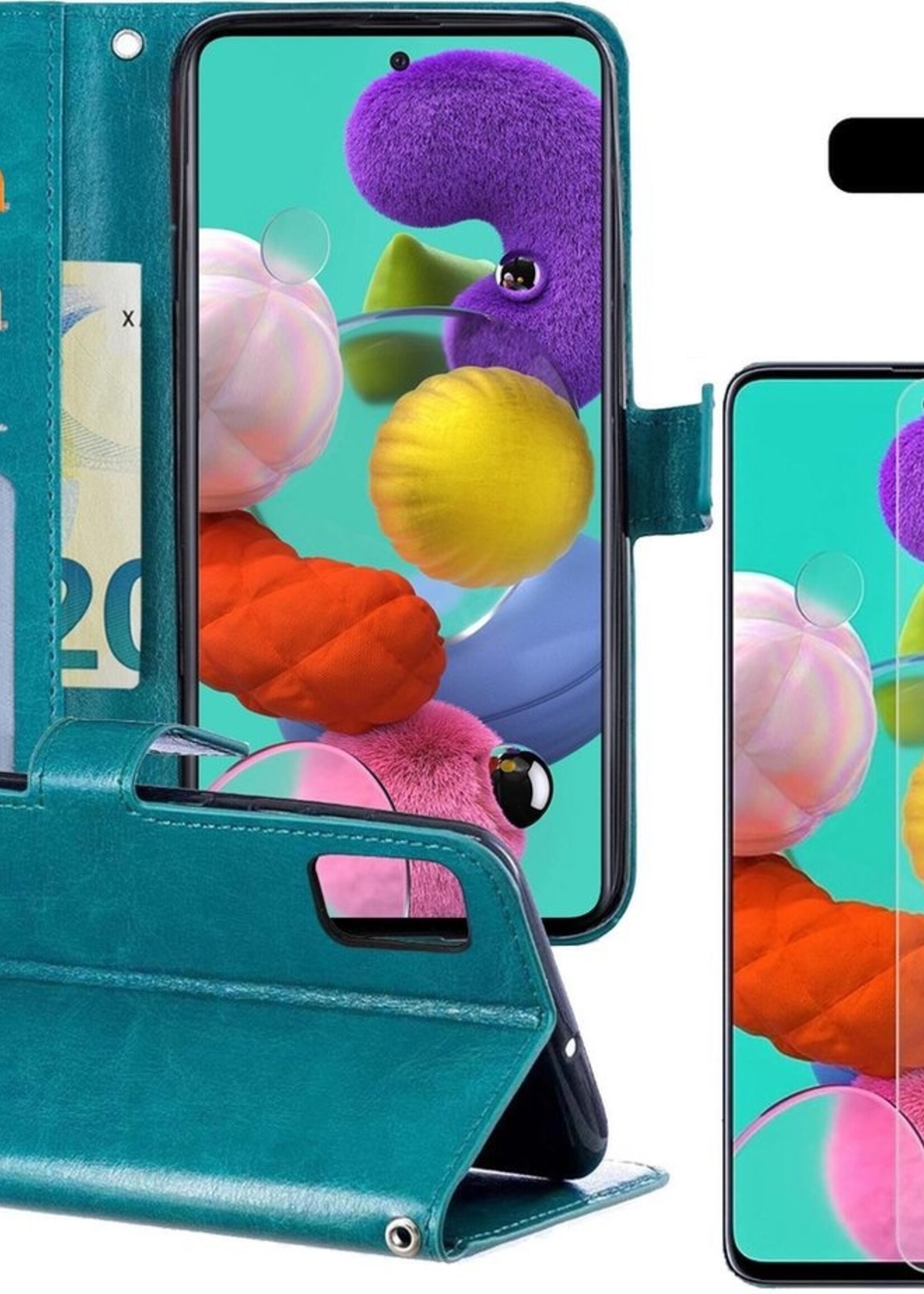 BTH Hoesje Geschikt voor Samsung A51 Hoesje Book Case Hoes Portemonnee Cover Walletcase Met 2x Screenprotector - Hoes Geschikt voor Samsung Galaxy A51 Hoes Bookcase Hoesje - Turquoise