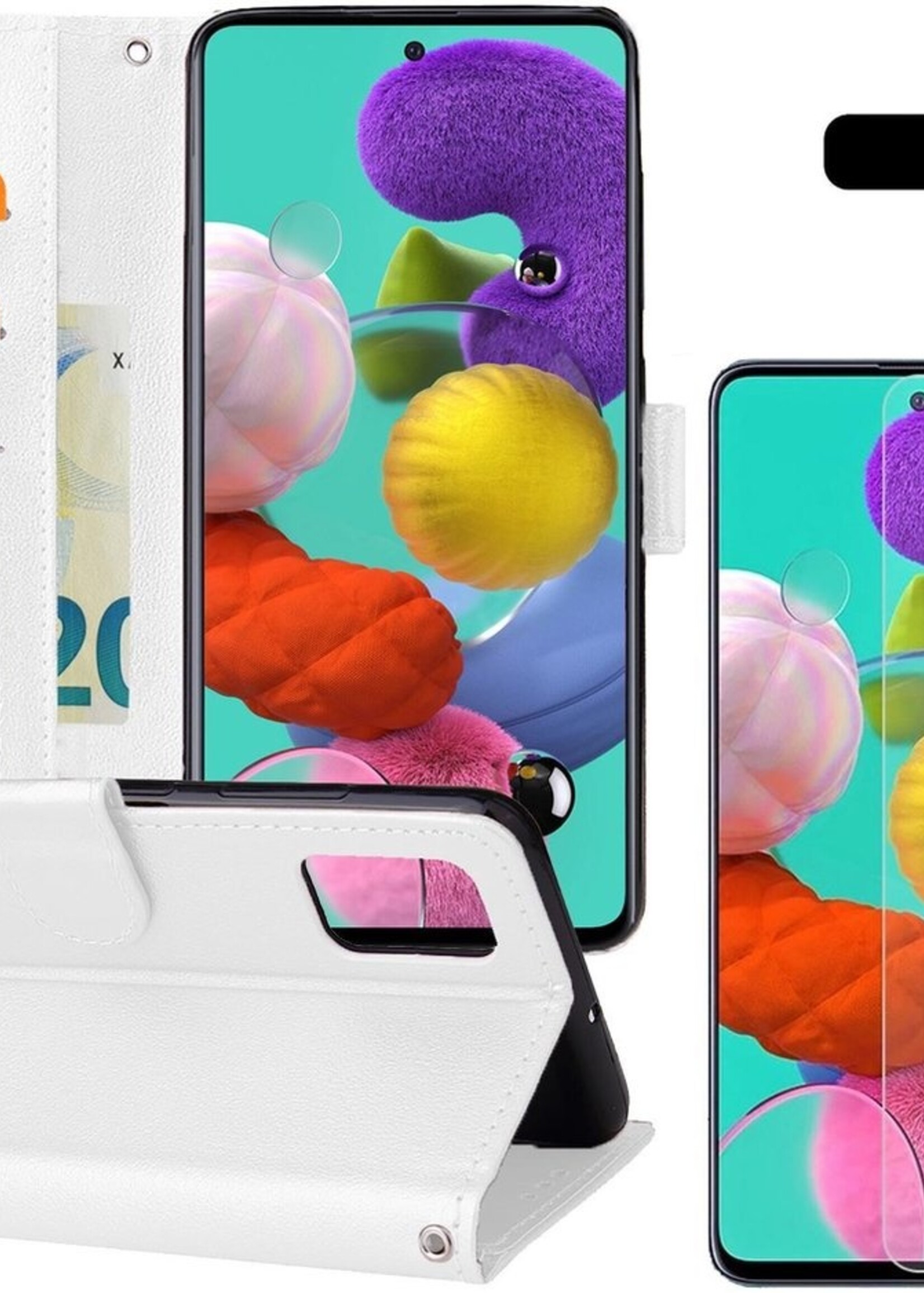 BTH Hoesje Geschikt voor Samsung A51 Hoesje Book Case Hoes Portemonnee Cover Walletcase Met 2x Screenprotector - Hoes Geschikt voor Samsung Galaxy A51 Hoes Bookcase Hoesje - Wit