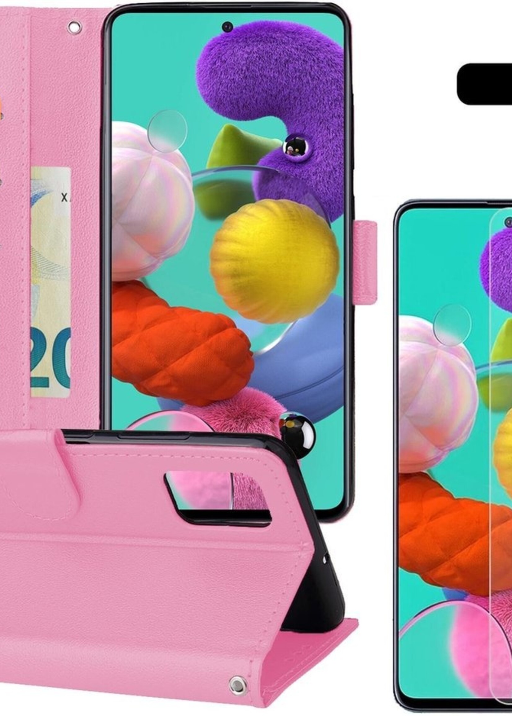 BTH Hoesje Geschikt voor Samsung A51 Hoesje Book Case Hoes Portemonnee Cover Walletcase Met 2x Screenprotector - Hoes Geschikt voor Samsung Galaxy A51 Hoes Bookcase Hoesje - Lichtroze