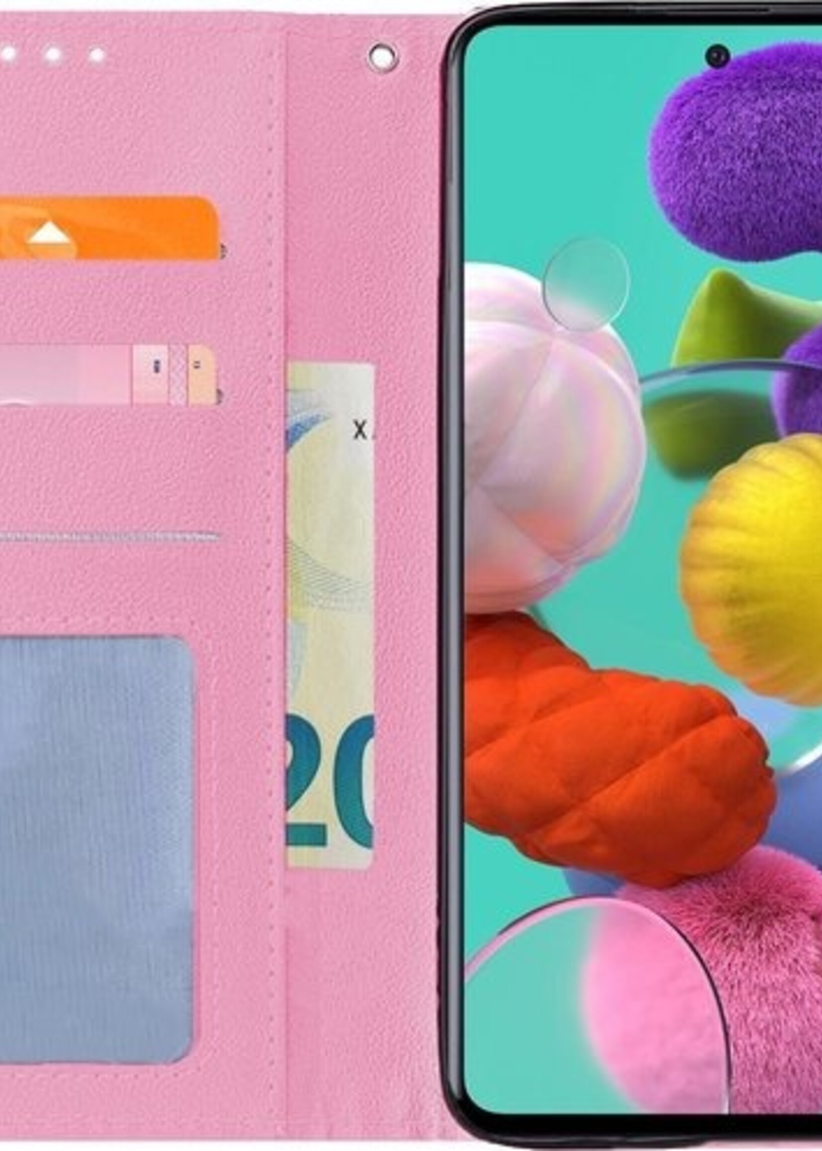 BTH Hoesje Geschikt voor Samsung A51 Hoesje Book Case Hoes Portemonnee Cover Walletcase Met 2x Screenprotector - Hoes Geschikt voor Samsung Galaxy A51 Hoes Bookcase Hoesje - Lichtroze