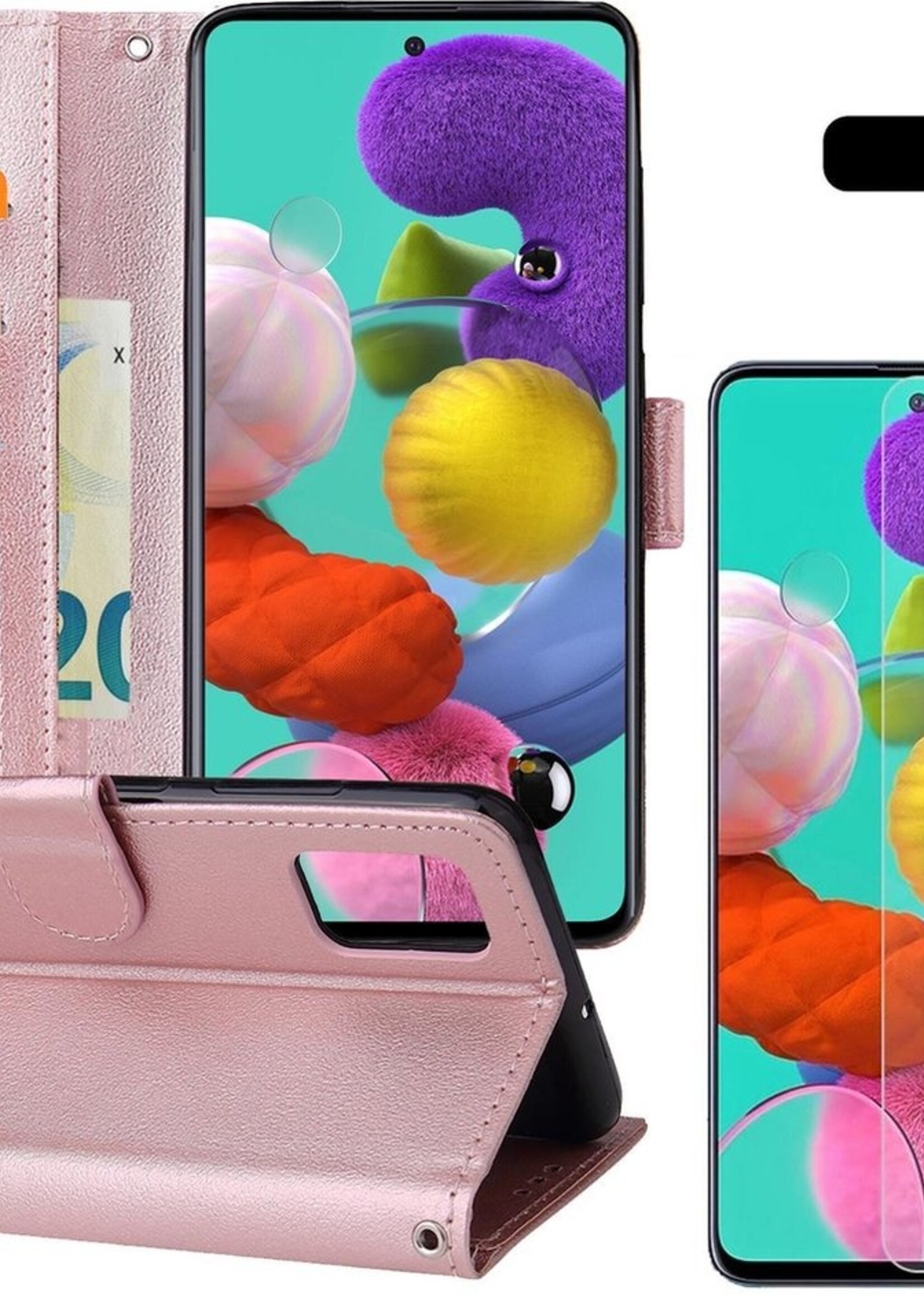 BTH Hoesje Geschikt voor Samsung A51 Hoesje Book Case Hoes Portemonnee Cover Walletcase Met 2x Screenprotector - Hoes Geschikt voor Samsung Galaxy A51 Hoes Bookcase Hoesje - Rosé goud