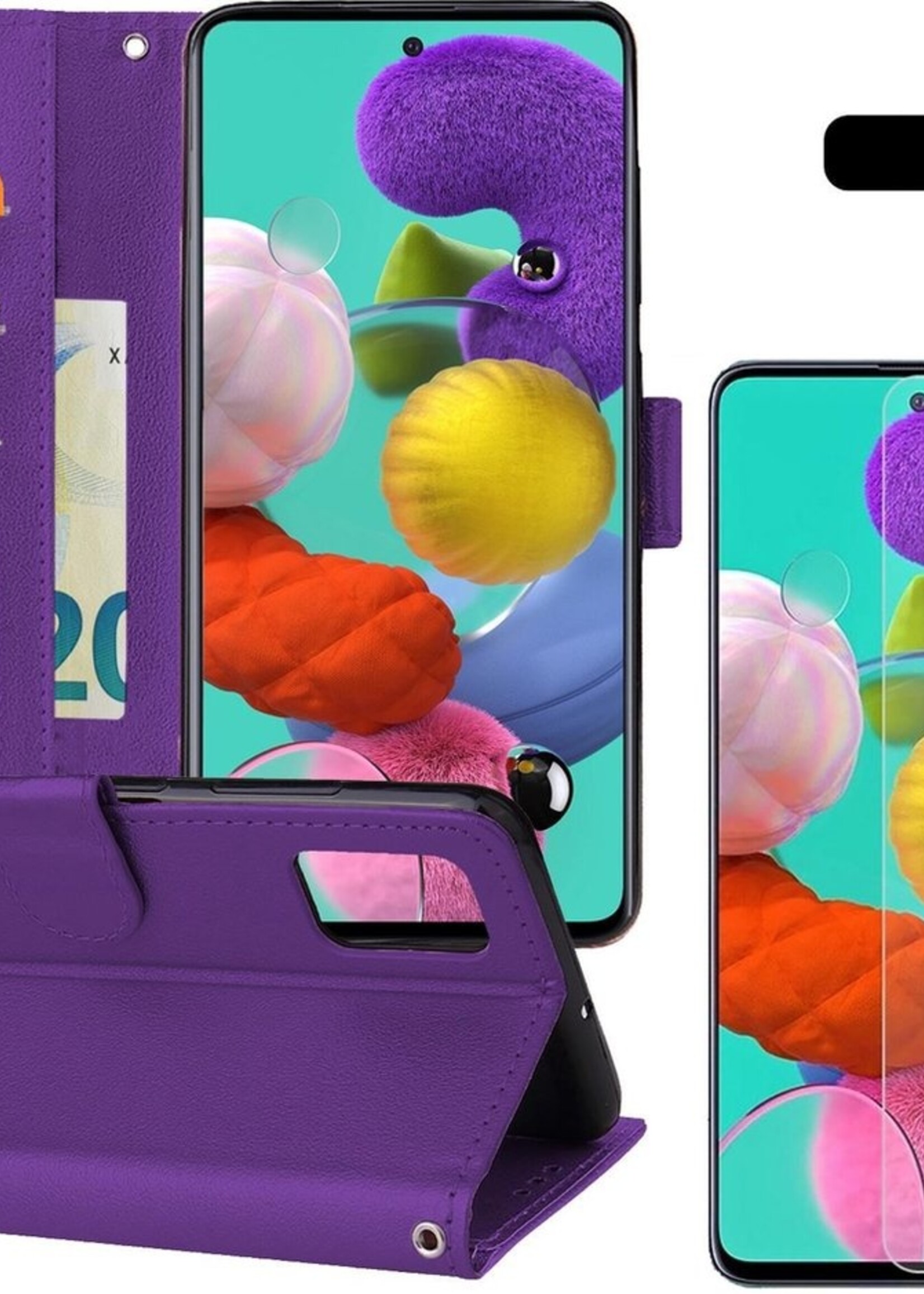 BTH Hoesje Geschikt voor Samsung A51 Hoesje Book Case Hoes Portemonnee Cover Walletcase Met 2x Screenprotector - Hoes Geschikt voor Samsung Galaxy A51 Hoes Bookcase Hoesje - Paars