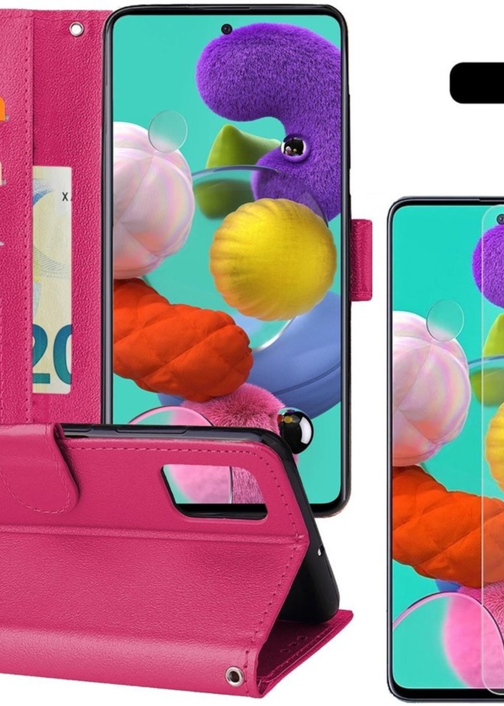 BTH Hoesje Geschikt voor Samsung A51 Hoesje Book Case Hoes Portemonnee Cover Walletcase Met 2x Screenprotector - Hoes Geschikt voor Samsung Galaxy A51 Hoes Bookcase Hoesje - Donkerroze
