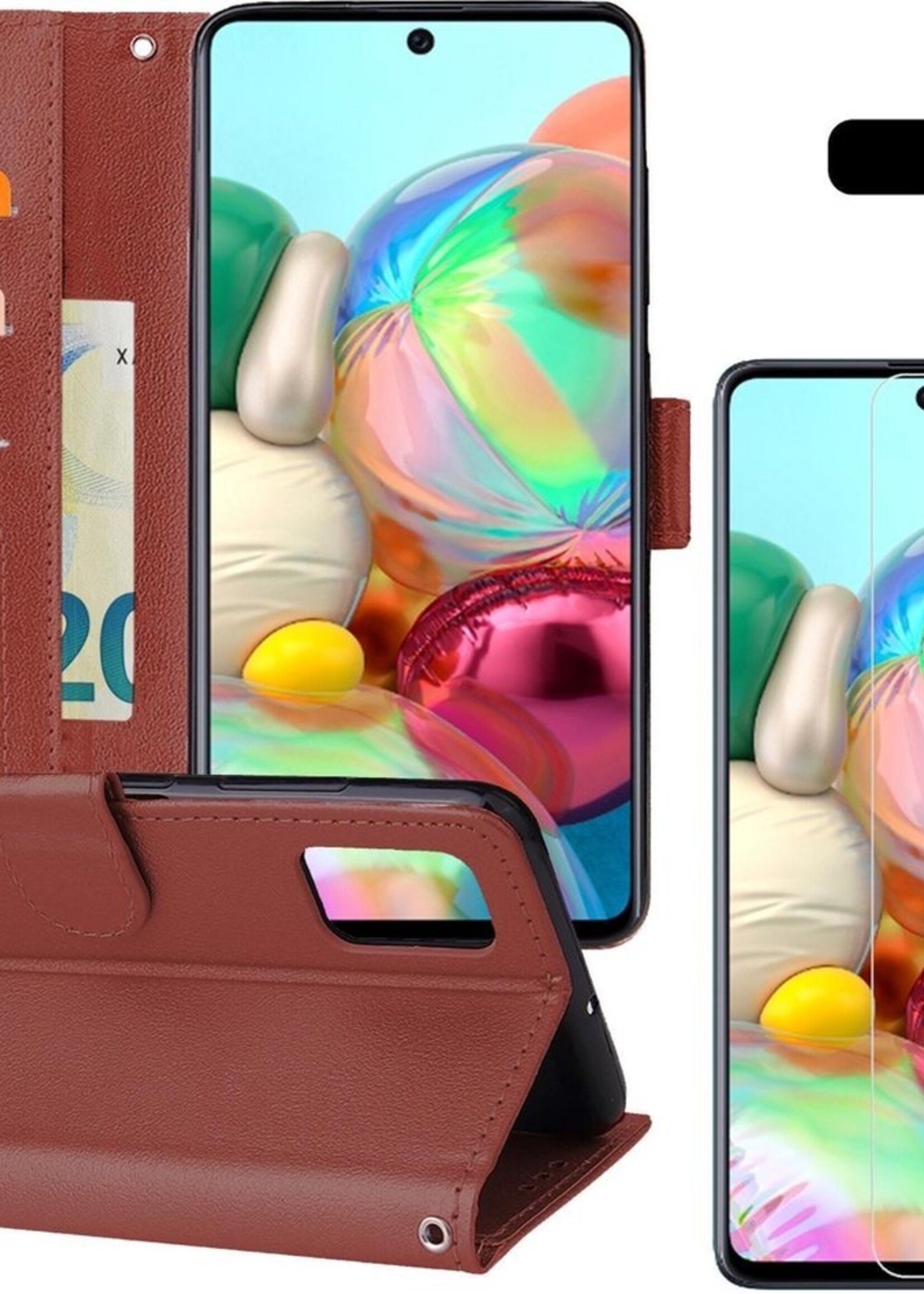 BTH Hoesje Geschikt voor Samsung A71 Hoesje Book Case Hoes Portemonnee Cover Walletcase Met 2x Screenprotector - Hoes Geschikt voor Samsung Galaxy A71 Hoes Bookcase Hoesje - Bruin