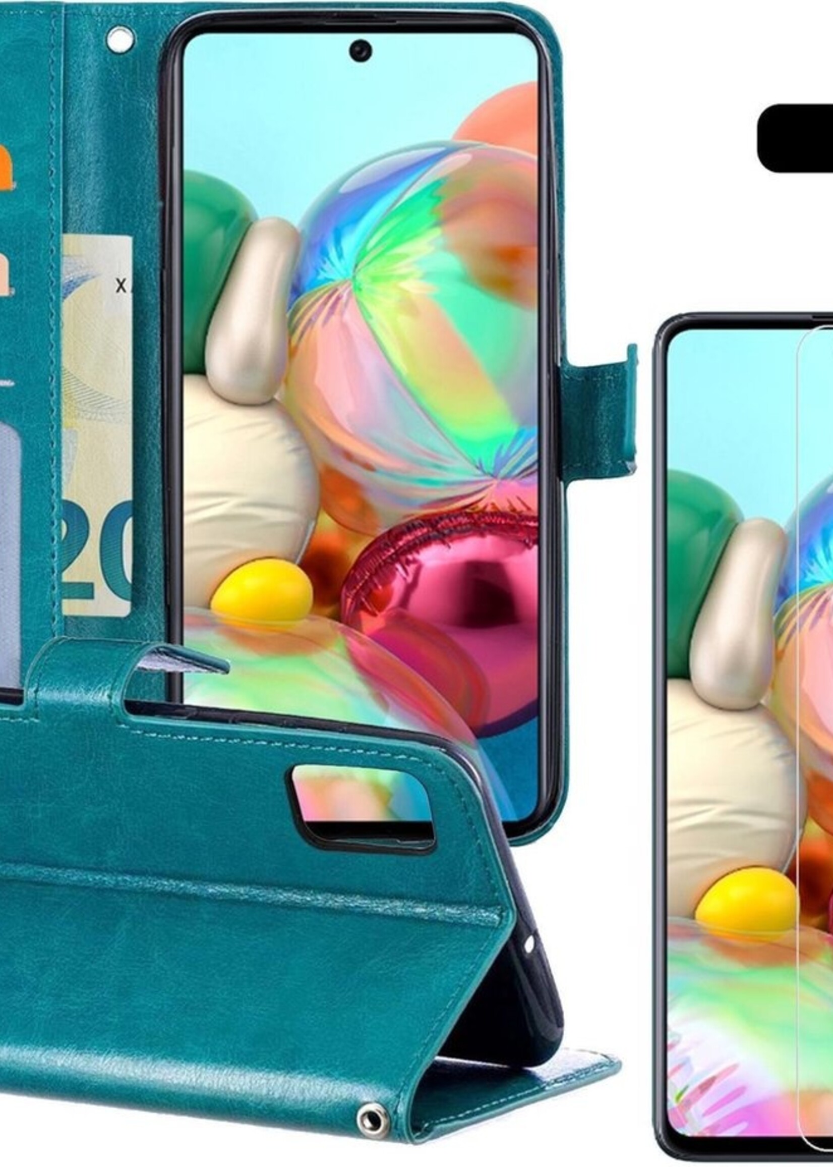 BTH Hoesje Geschikt voor Samsung A71 Hoesje Book Case Hoes Portemonnee Cover Walletcase Met 2x Screenprotector - Hoes Geschikt voor Samsung Galaxy A71 Hoes Bookcase Hoesje - Turquoise
